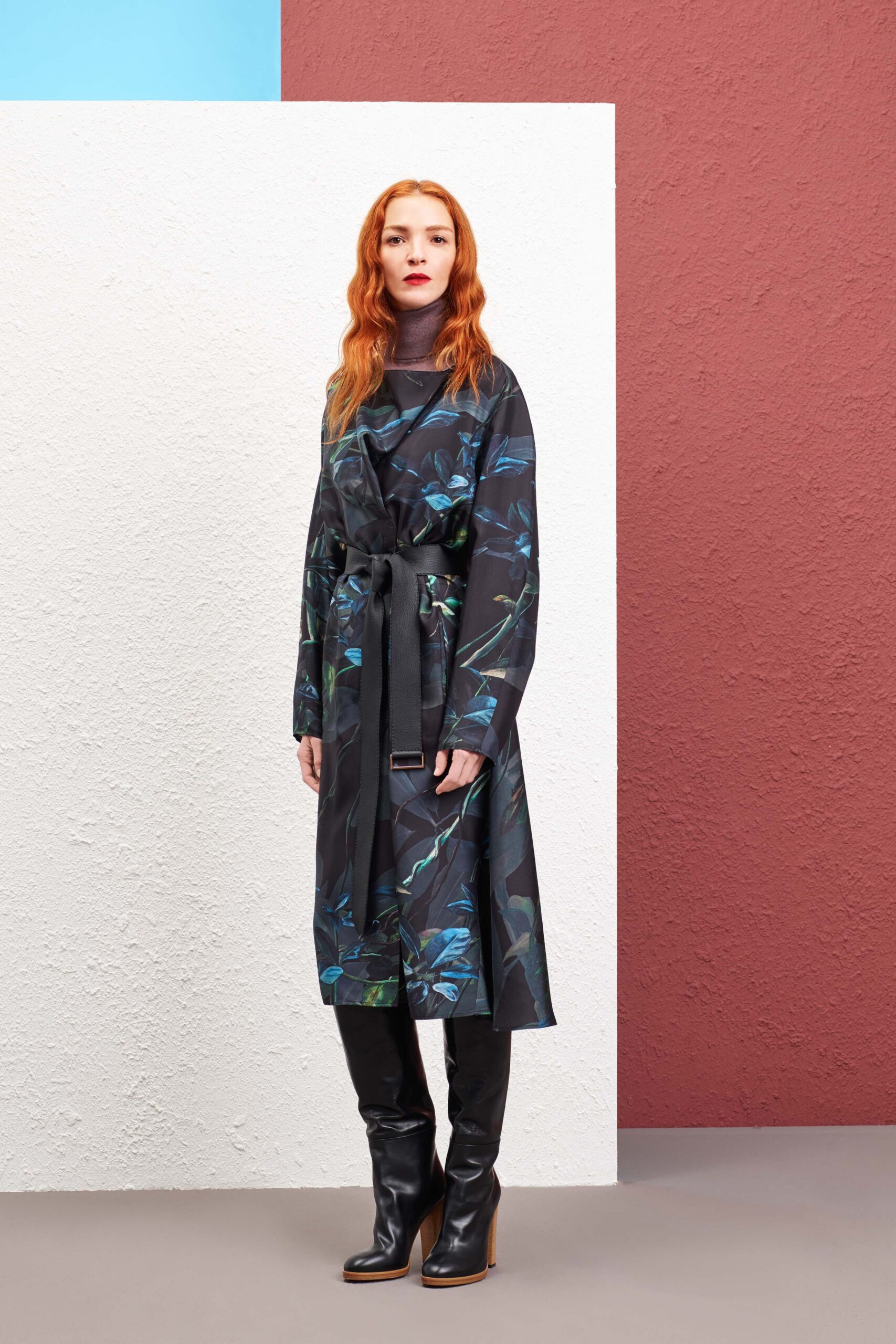 black printed belted coat