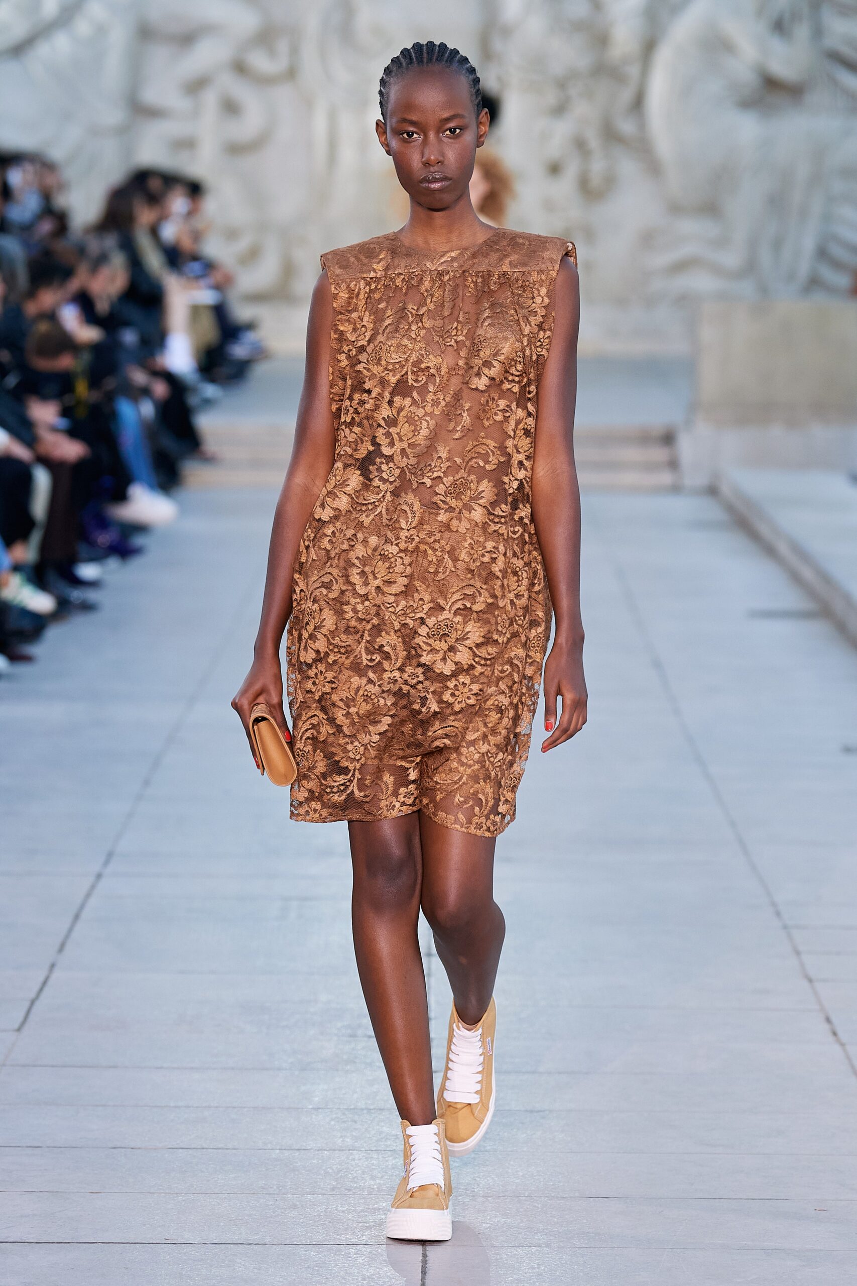 brown lace sleeveless high-neck fitted embroidered short dress