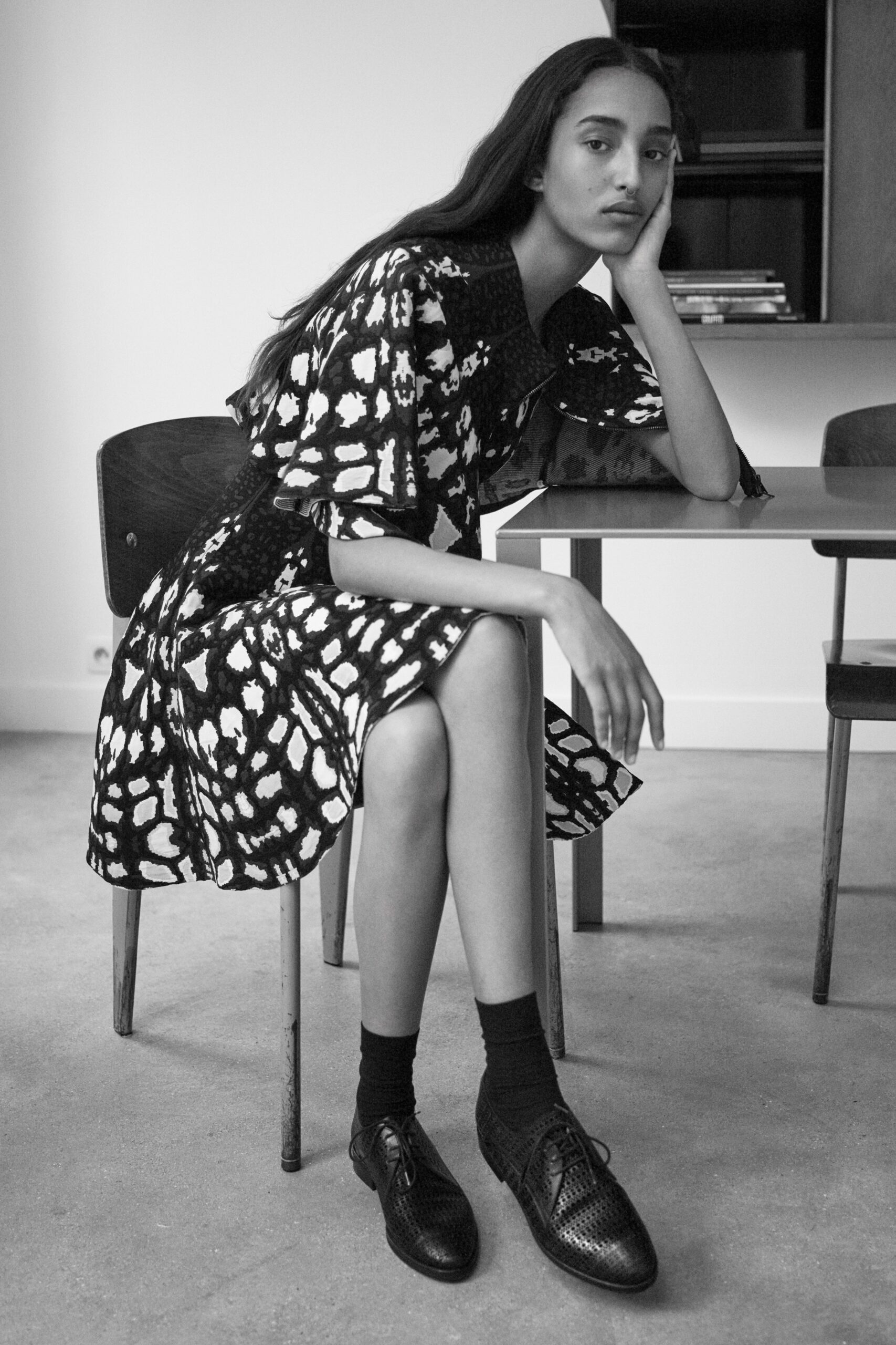 black and white printed midi dress