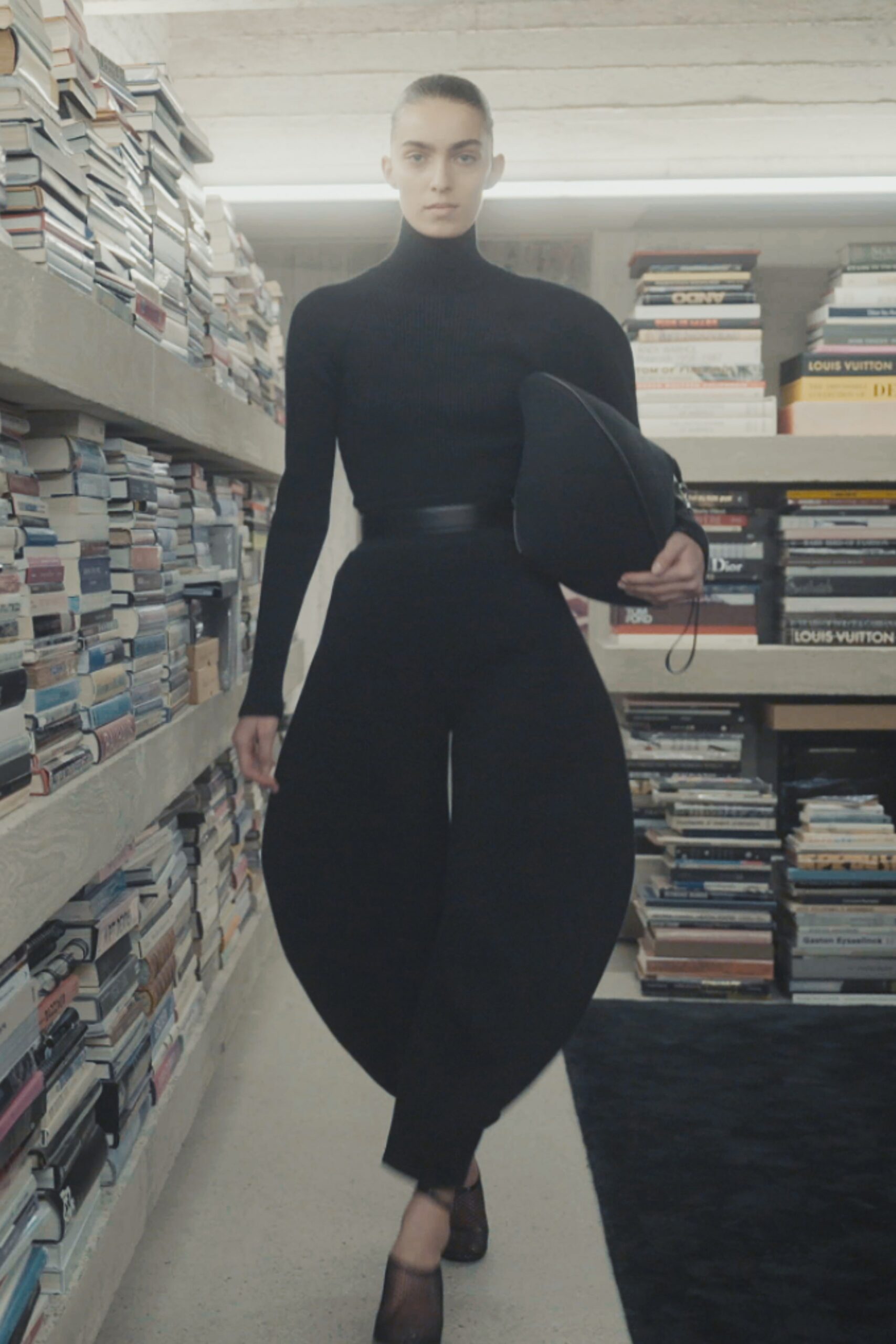 black wool long-sleeve turtleneck fitted ribbed top
