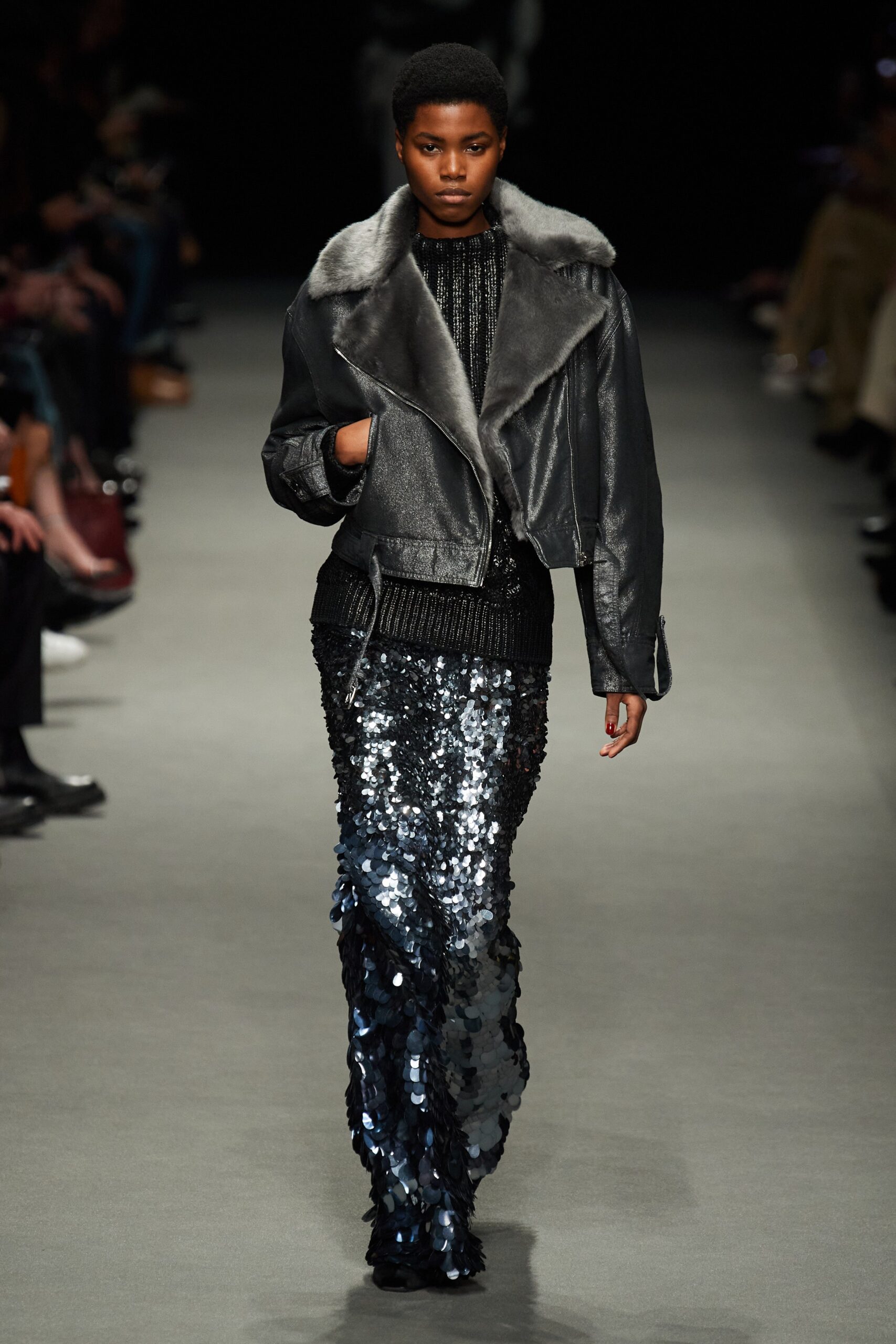 black leather jacket with sequin skirt