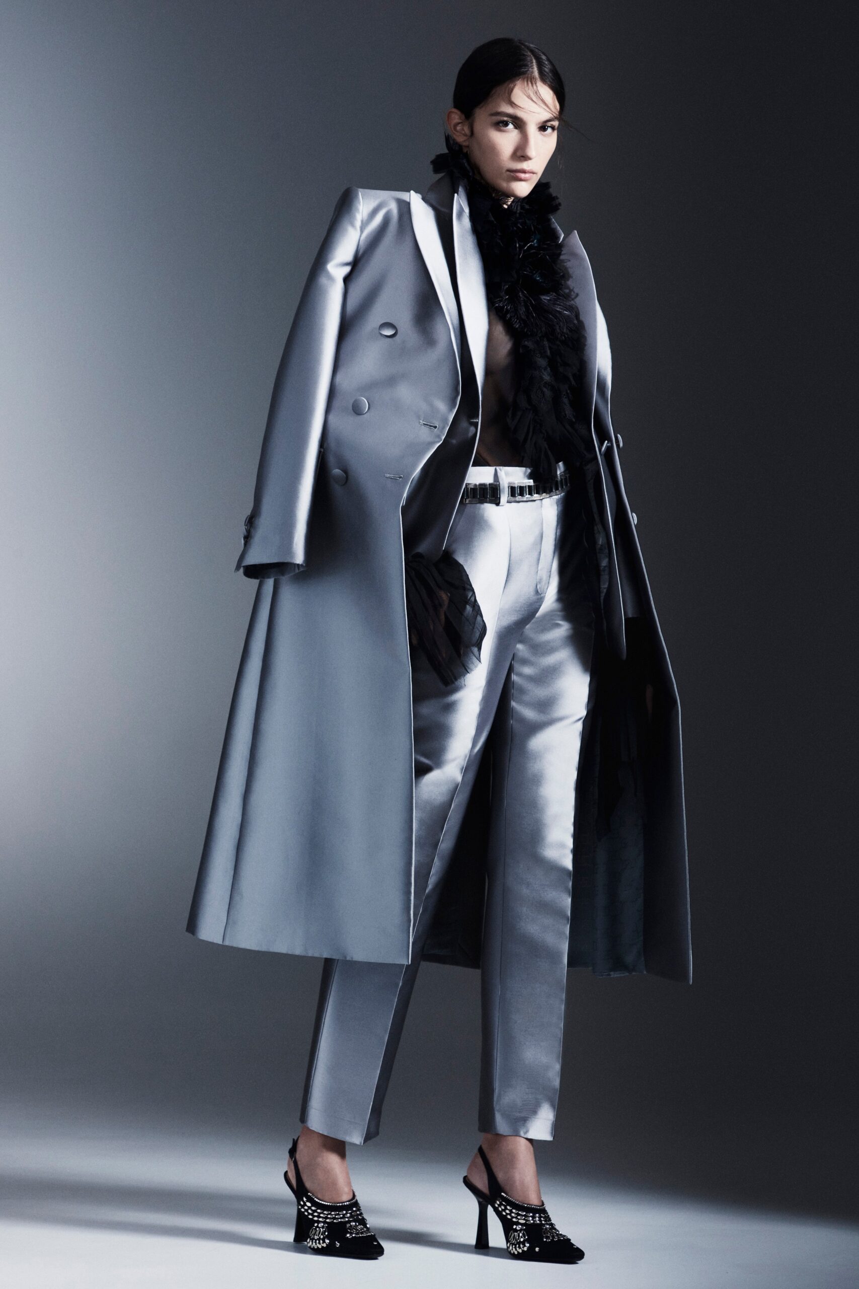 gray satin tailored coat