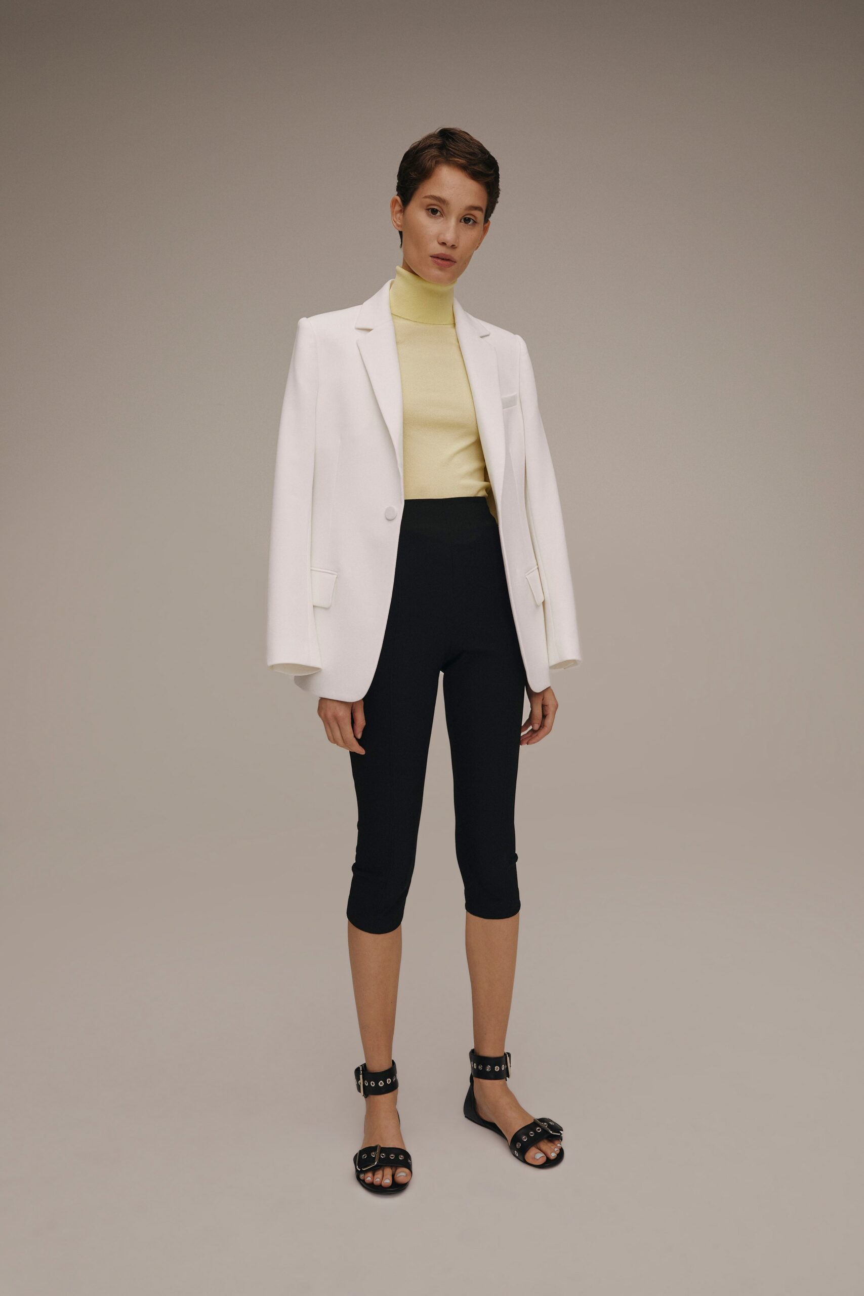 white tailored blazer with yellow top