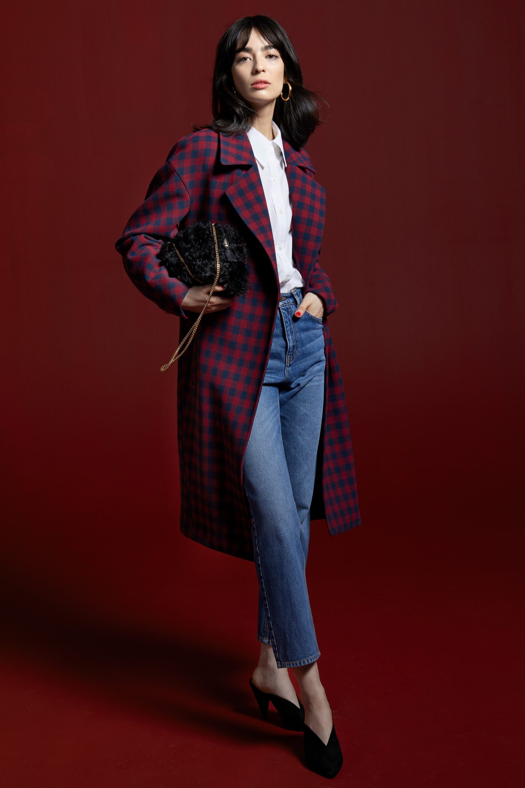 red and blue checked coat