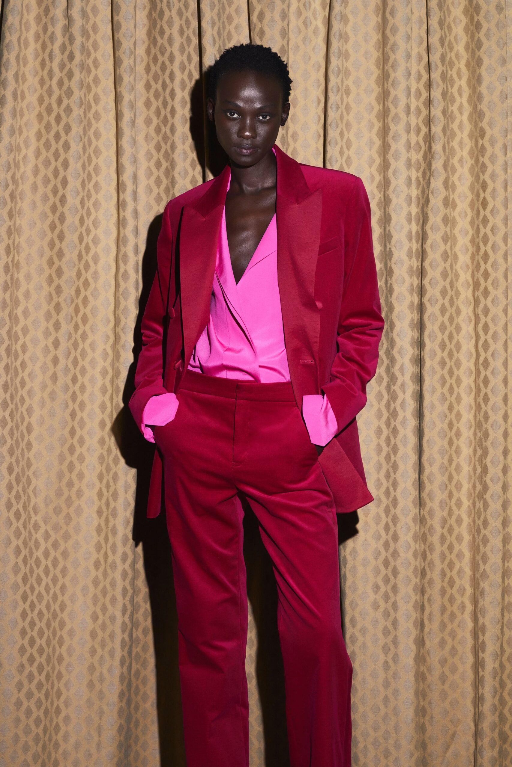 red silk long-sleeve collared tailored buttoned suit