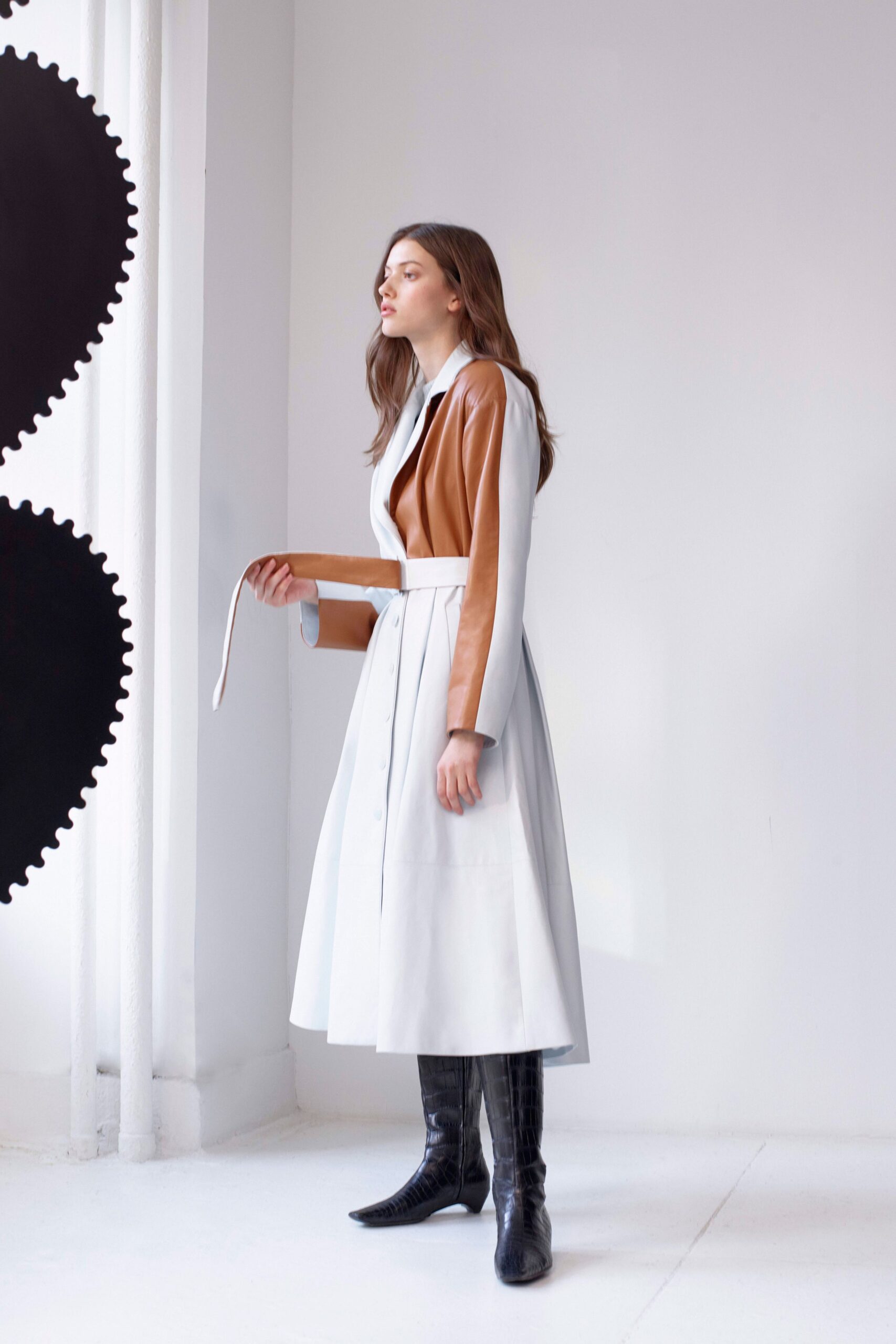 gray and brown belted coat