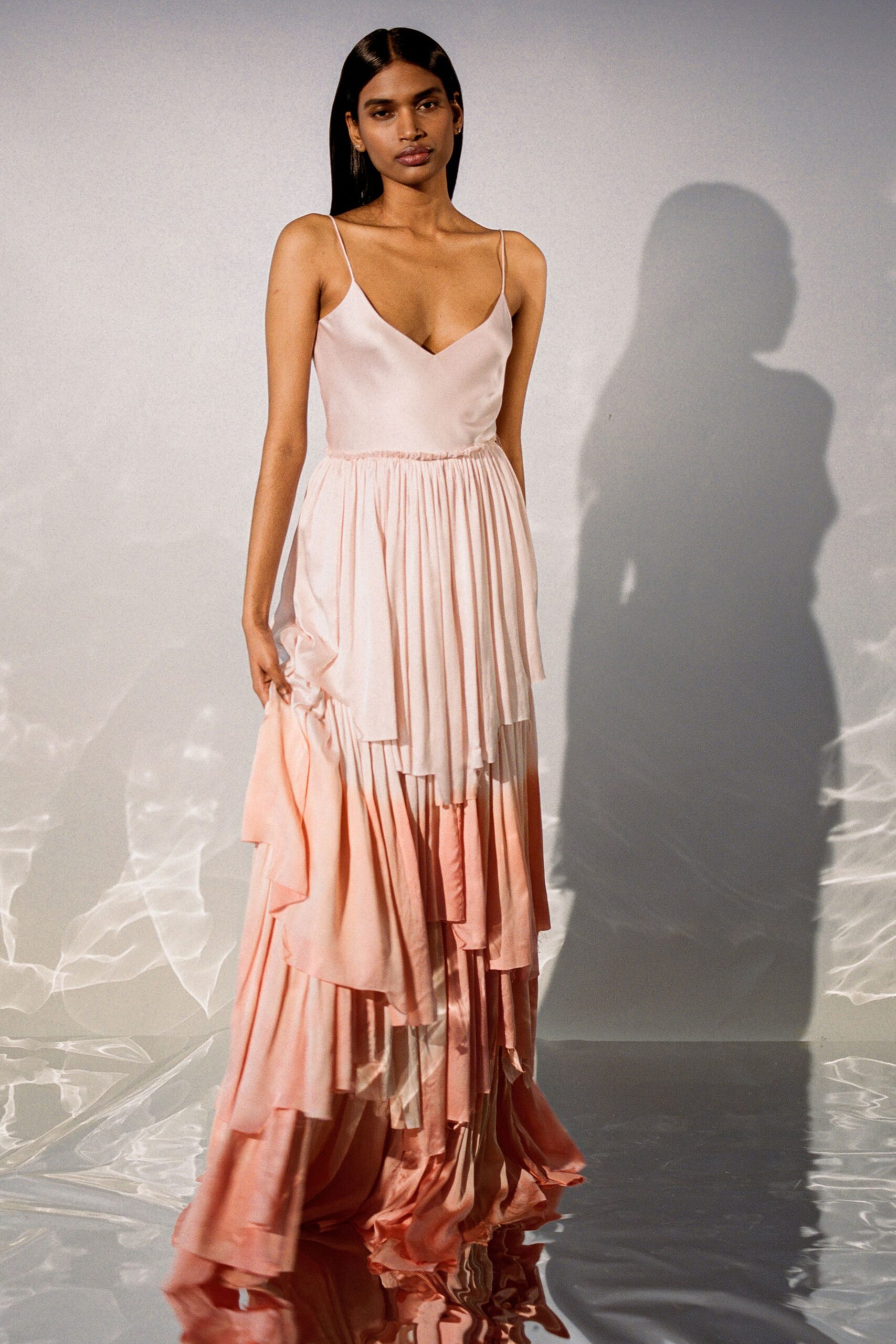 pink silk sleeveless tiered dress