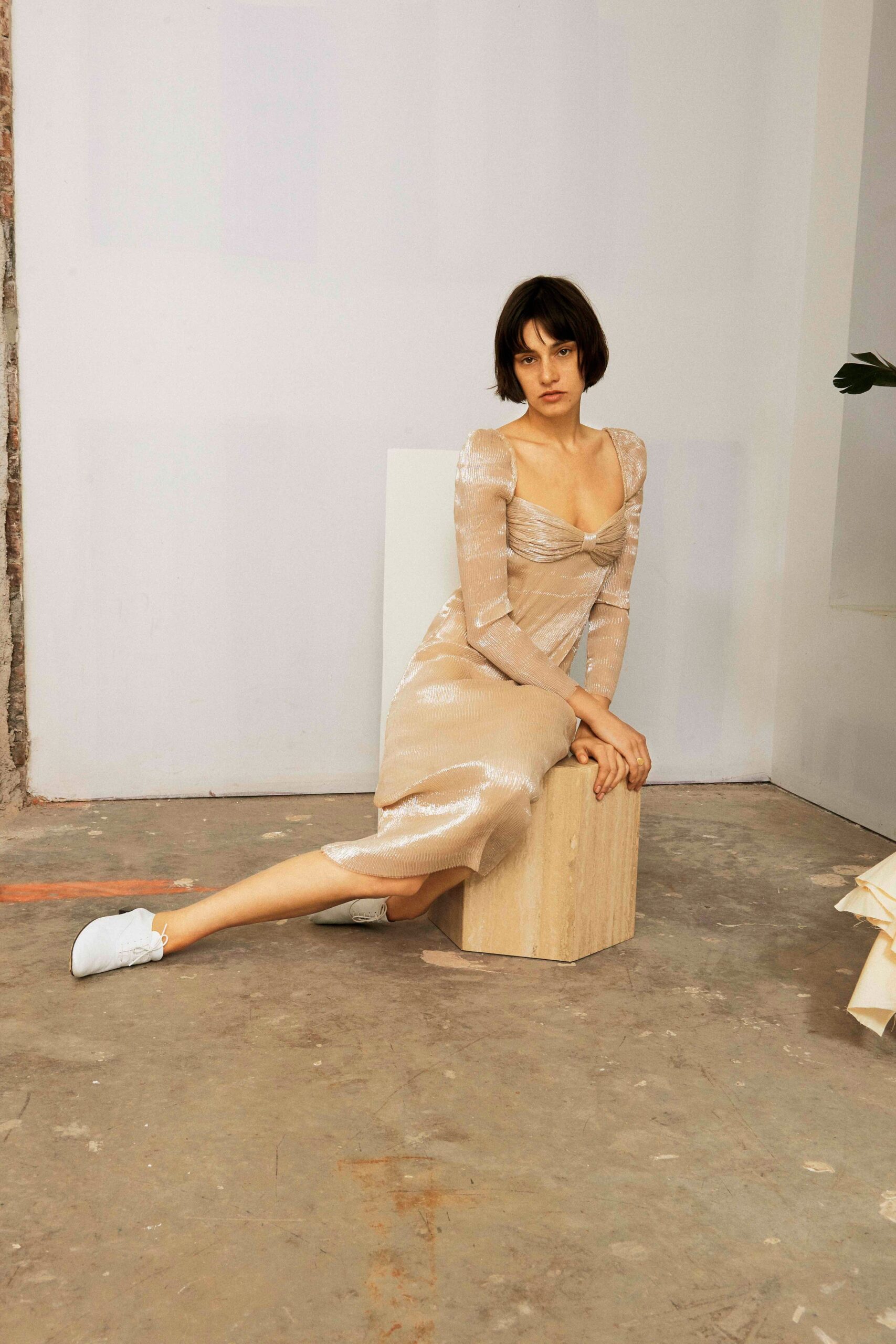 beige silk fitted dress