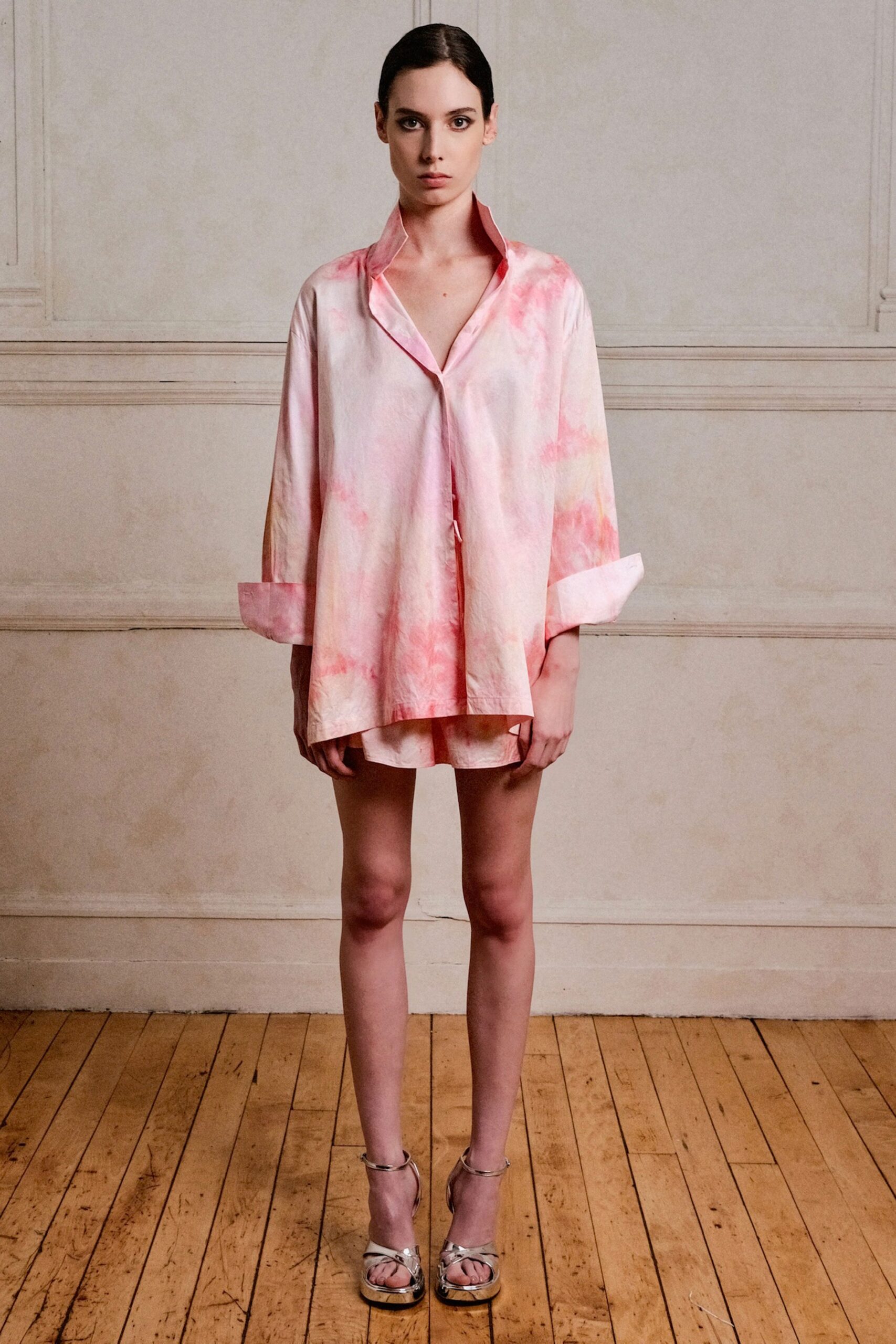 pink silk long-sleeve collared relaxed draped short shirt