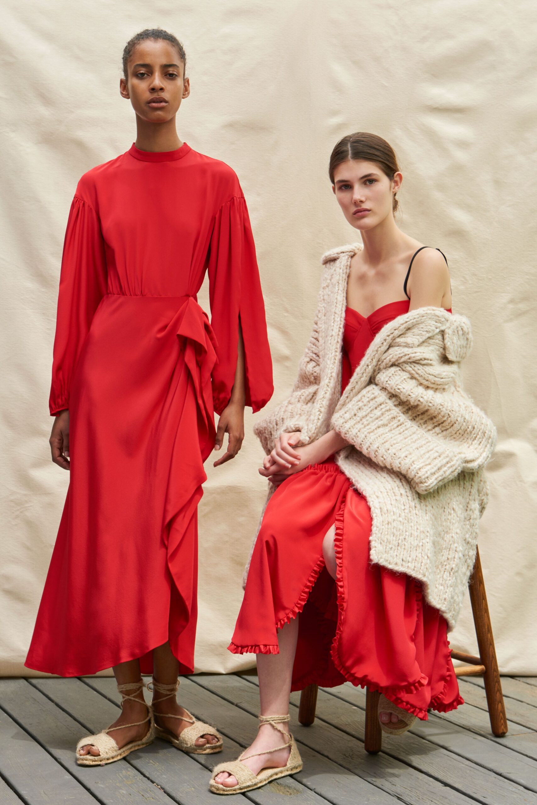 red silk maxi dress and midi dress with beige cardigan