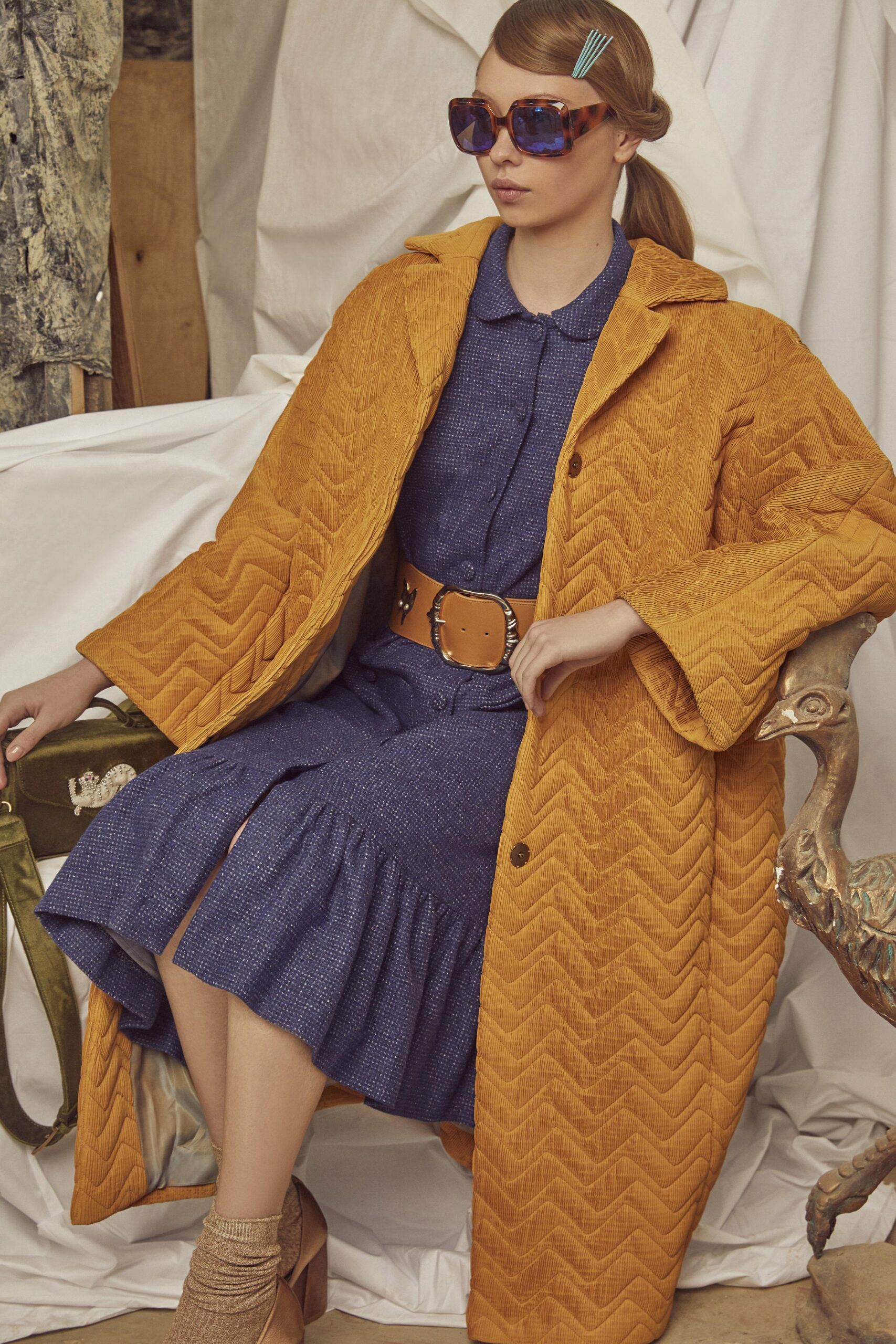 orange cotton long-sleeve collared relaxed quilted coat