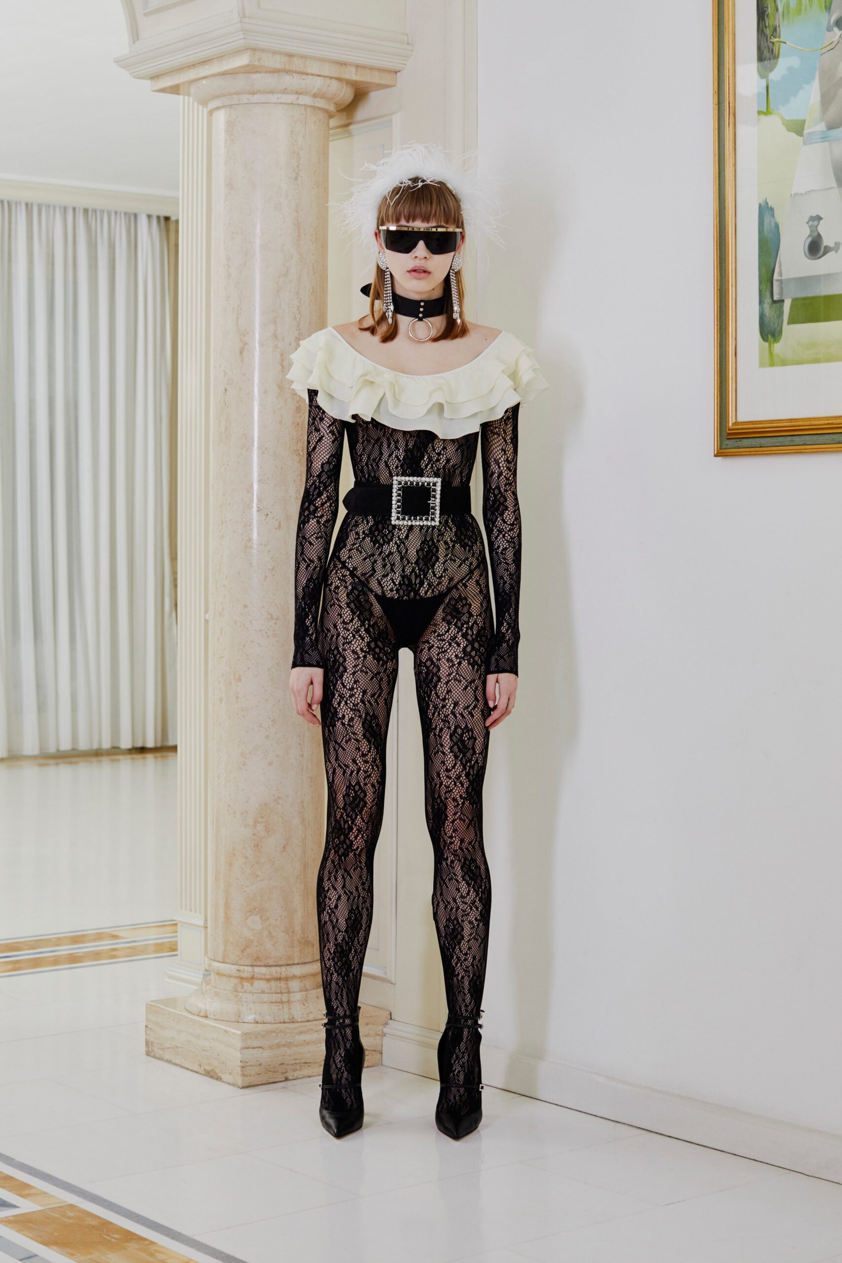 black lace long-sleeve off-shoulder fitted ruched catsuit