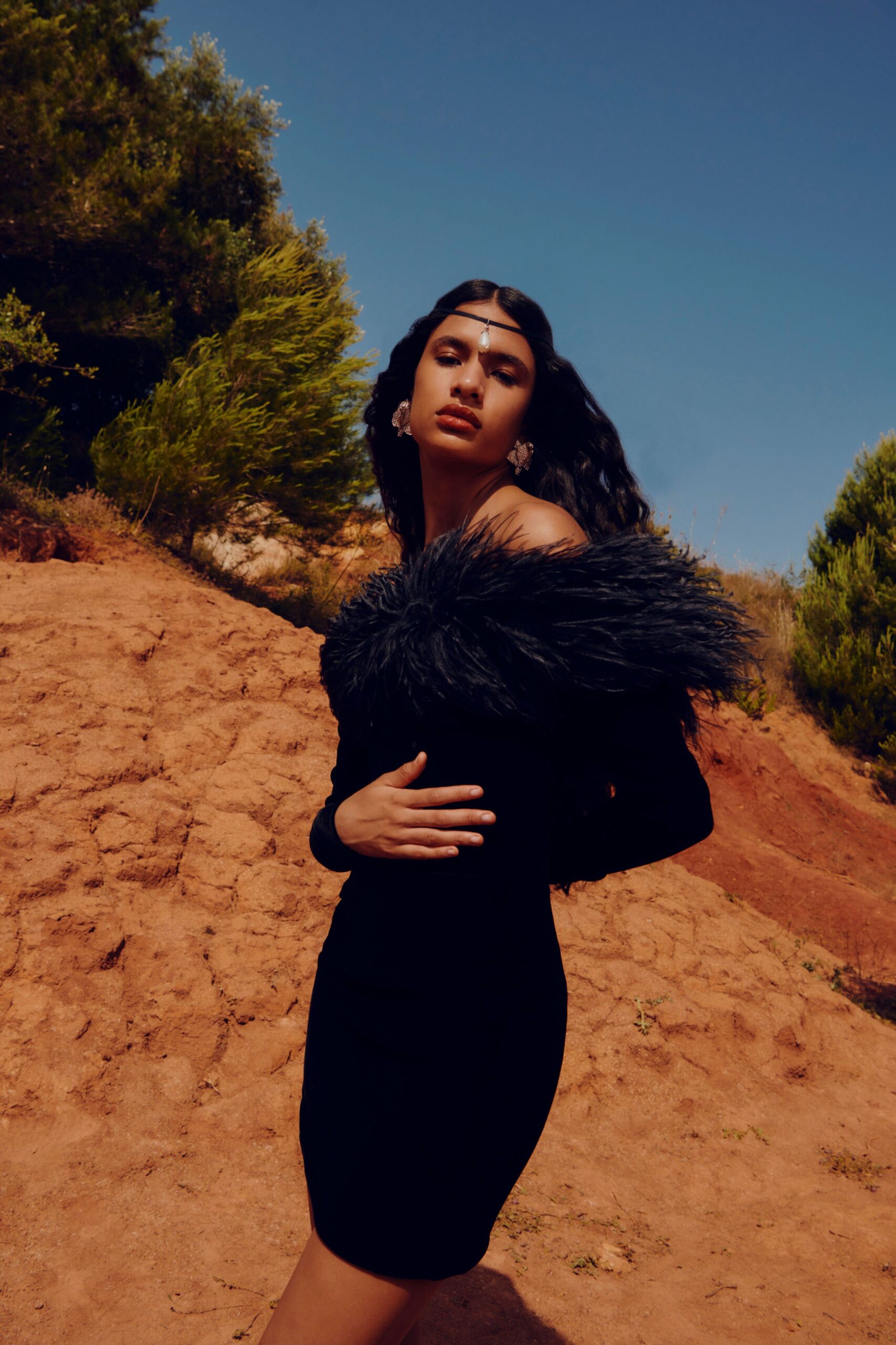 black silk off-shoulder dress