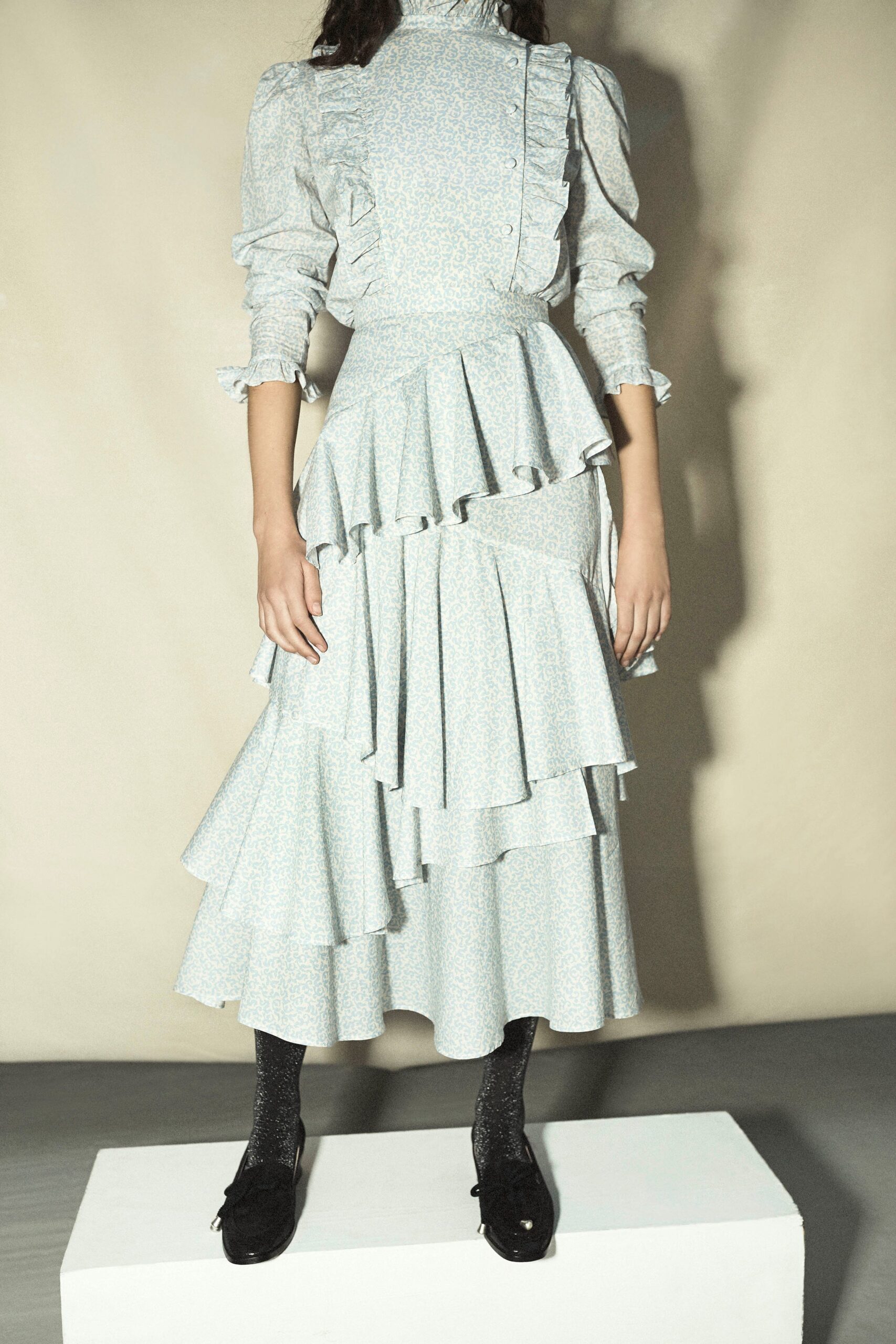 light blue ruffled midi dress