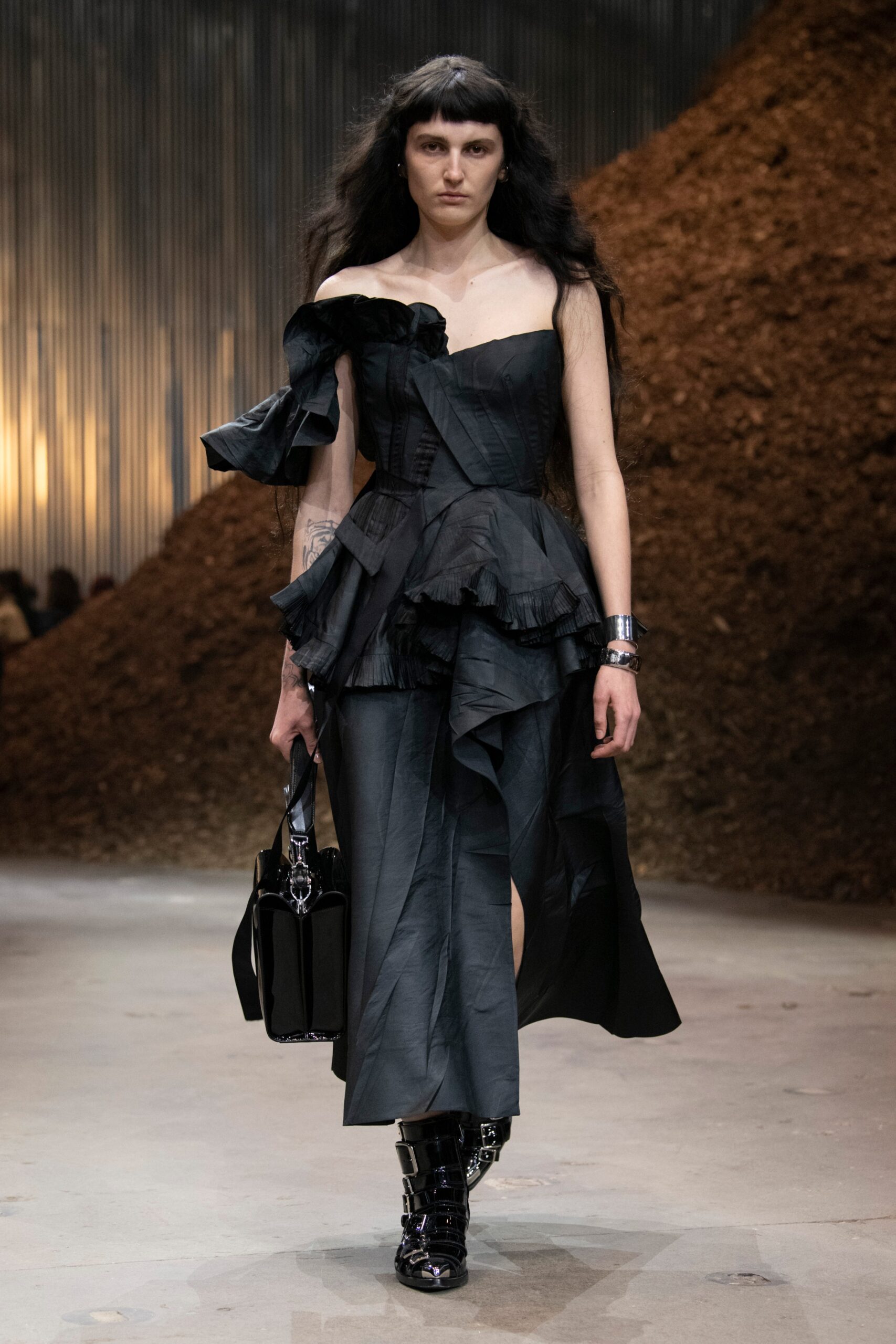 black silk off-shoulder ruffled dress