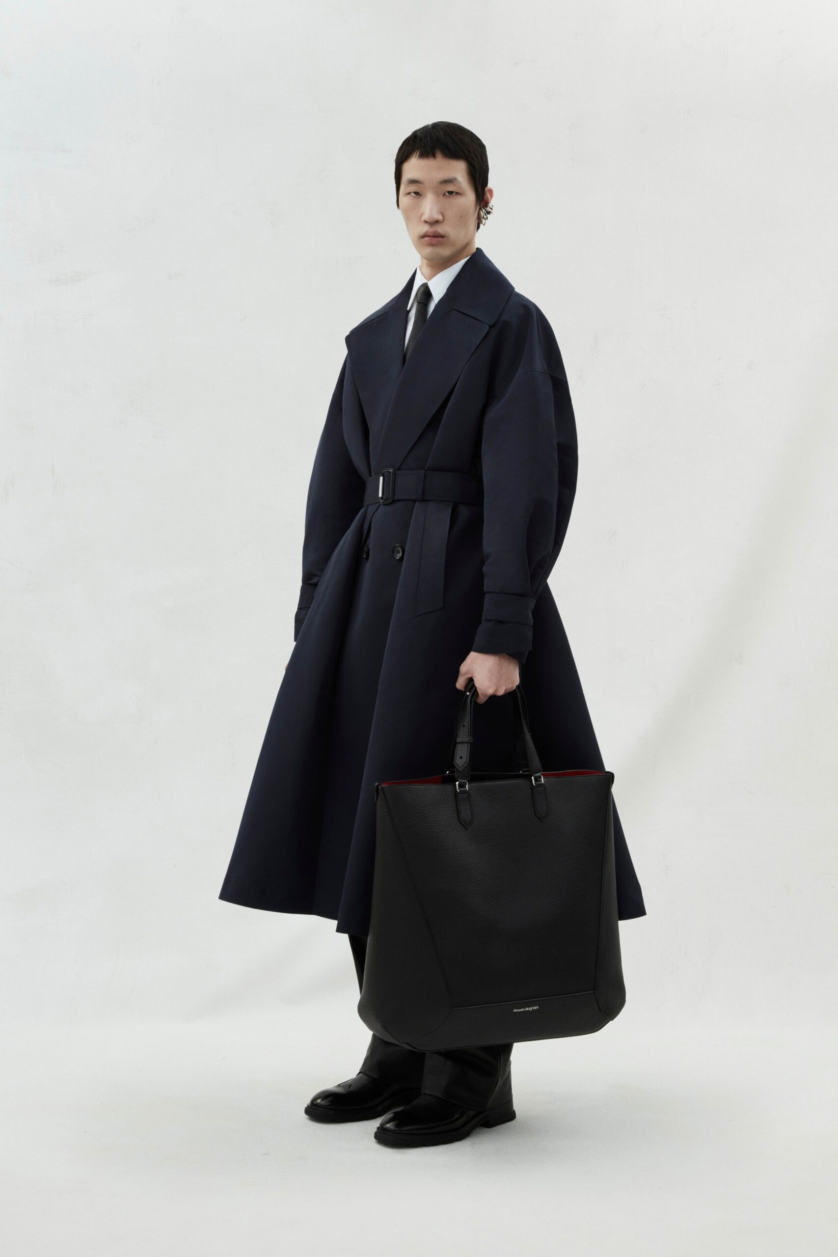 blue wool long-sleeve collared tailored belted coat