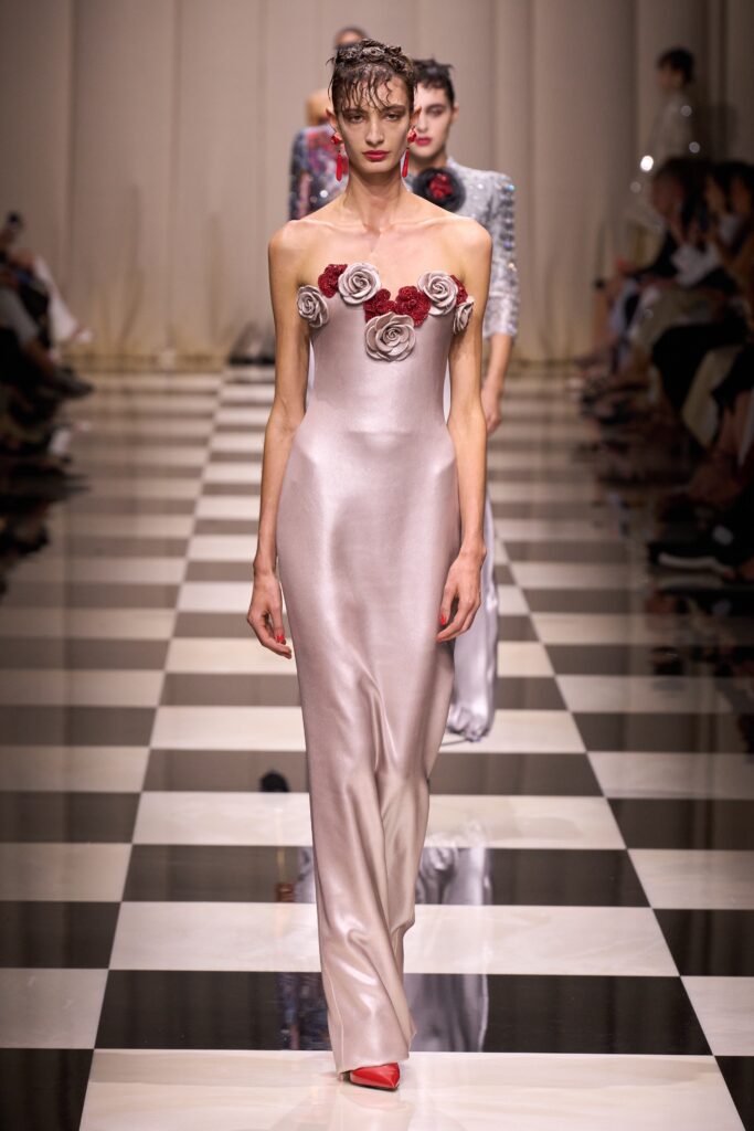 fitted strapless pink silk gown