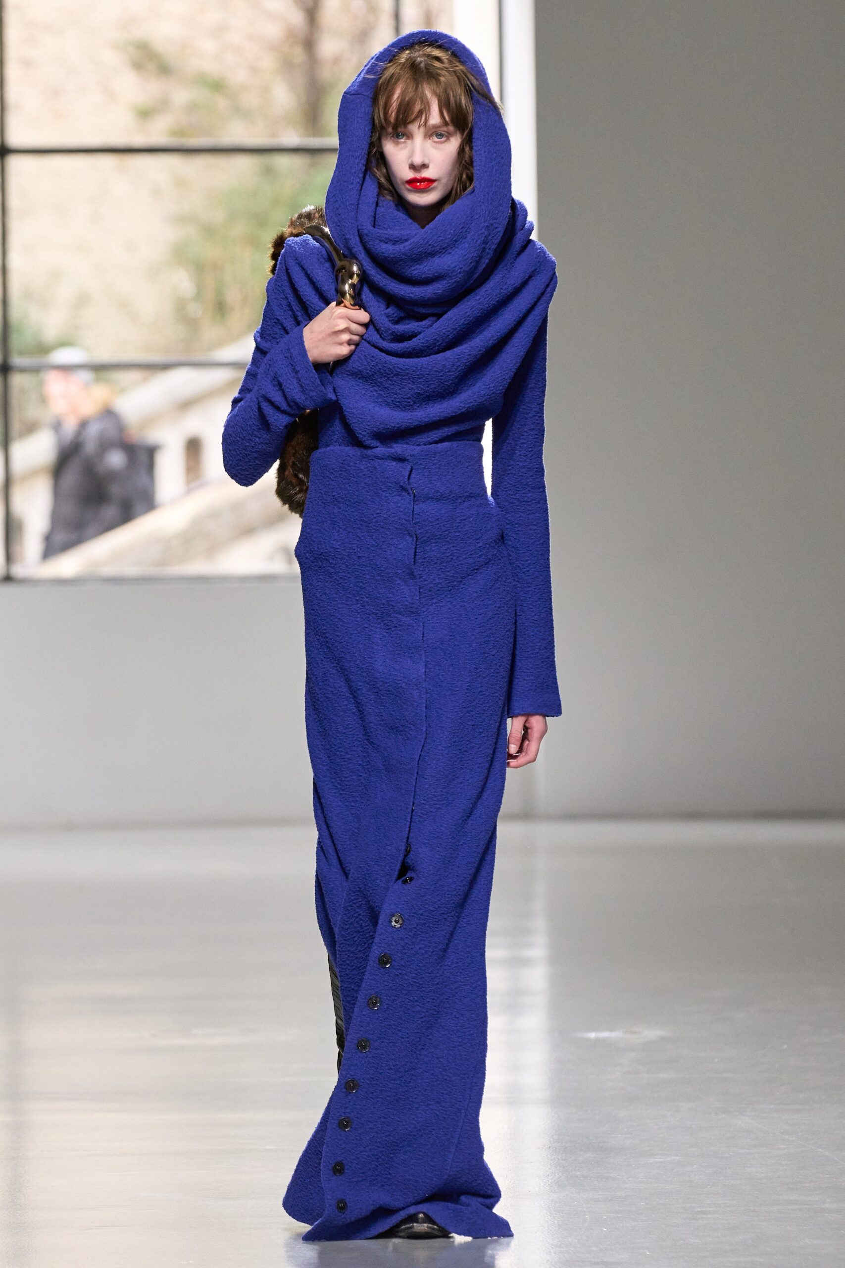 blue wool fitted dress with cape