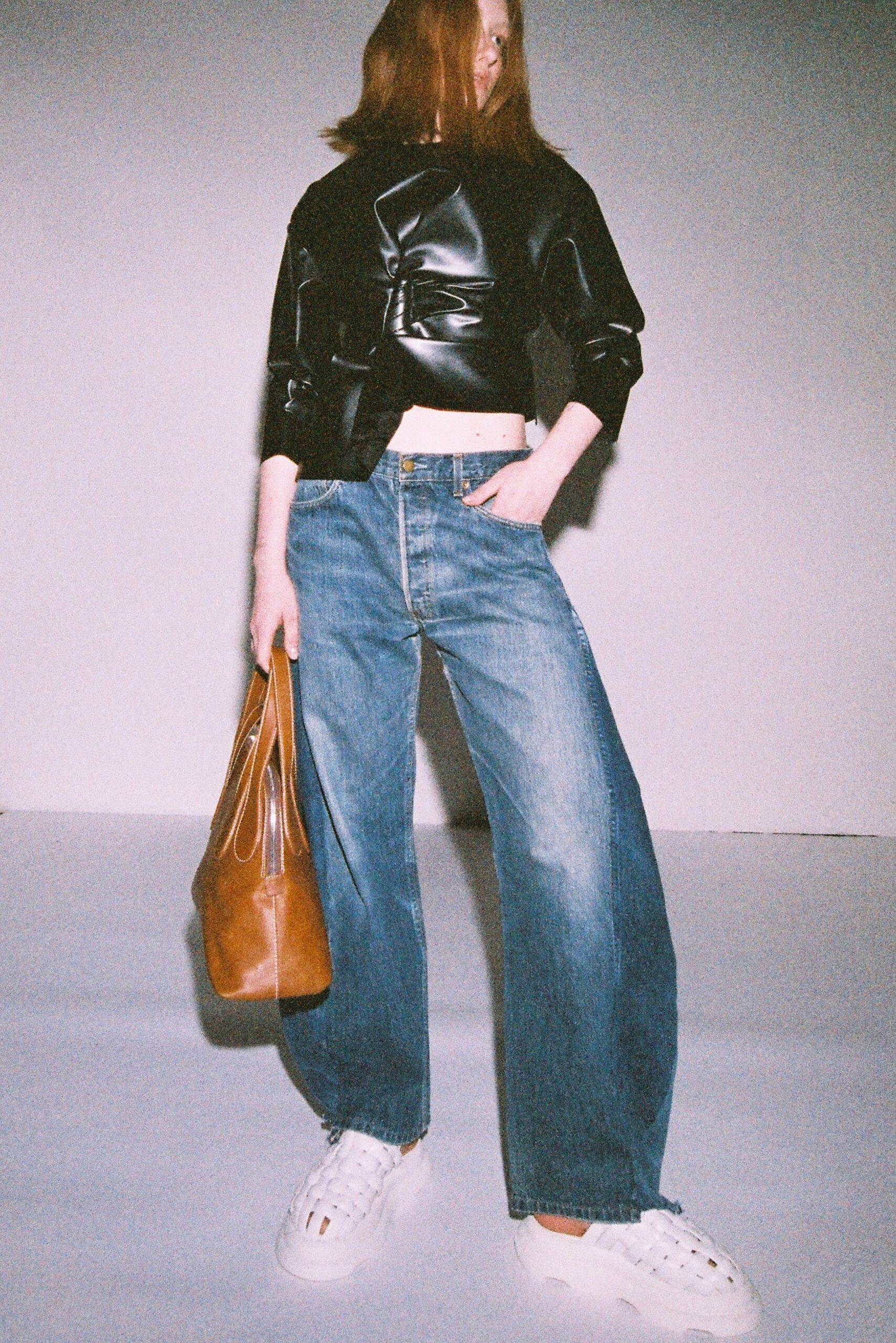 black vinyl long-sleeve fitted zippered cropped top