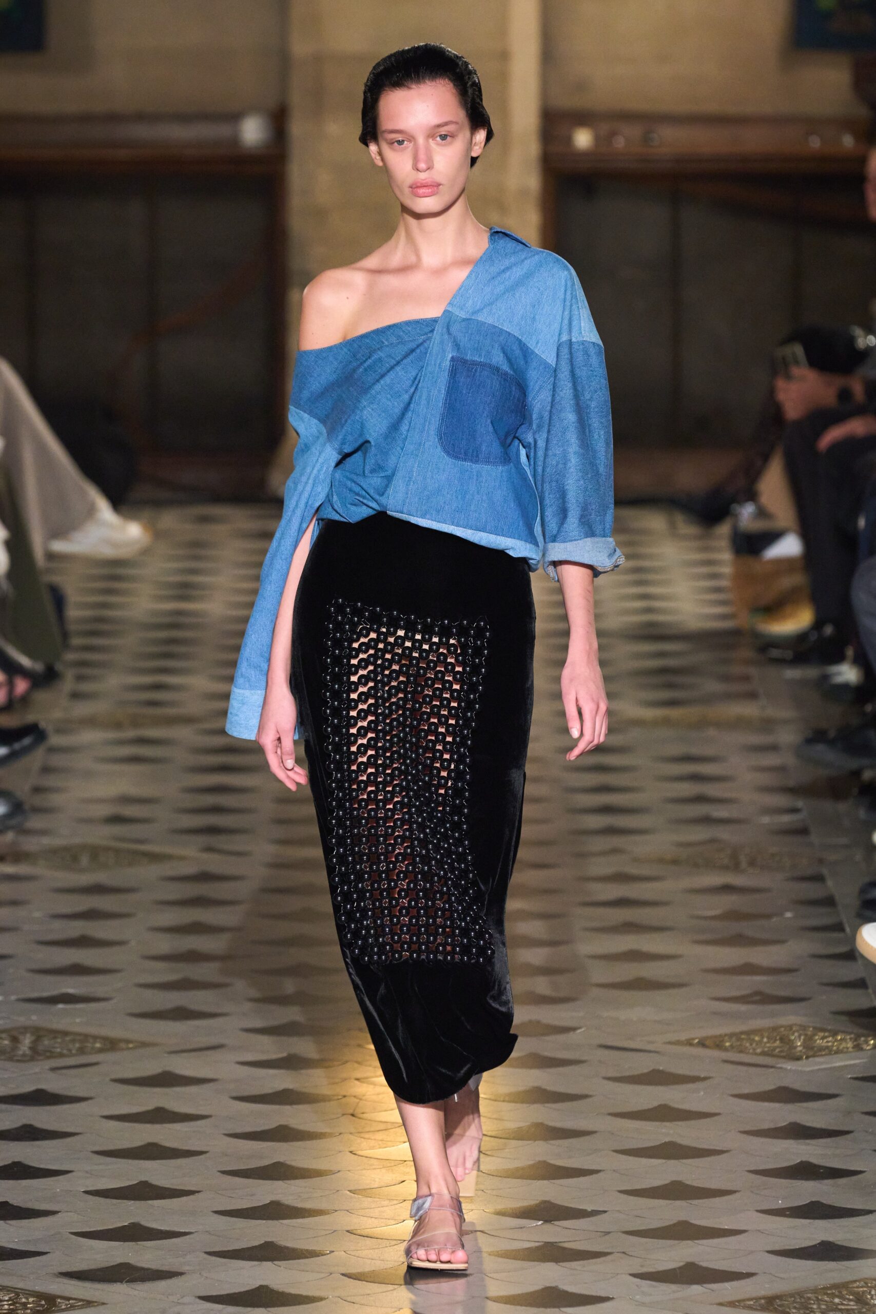 black velvet fitted ruched sheer skirt