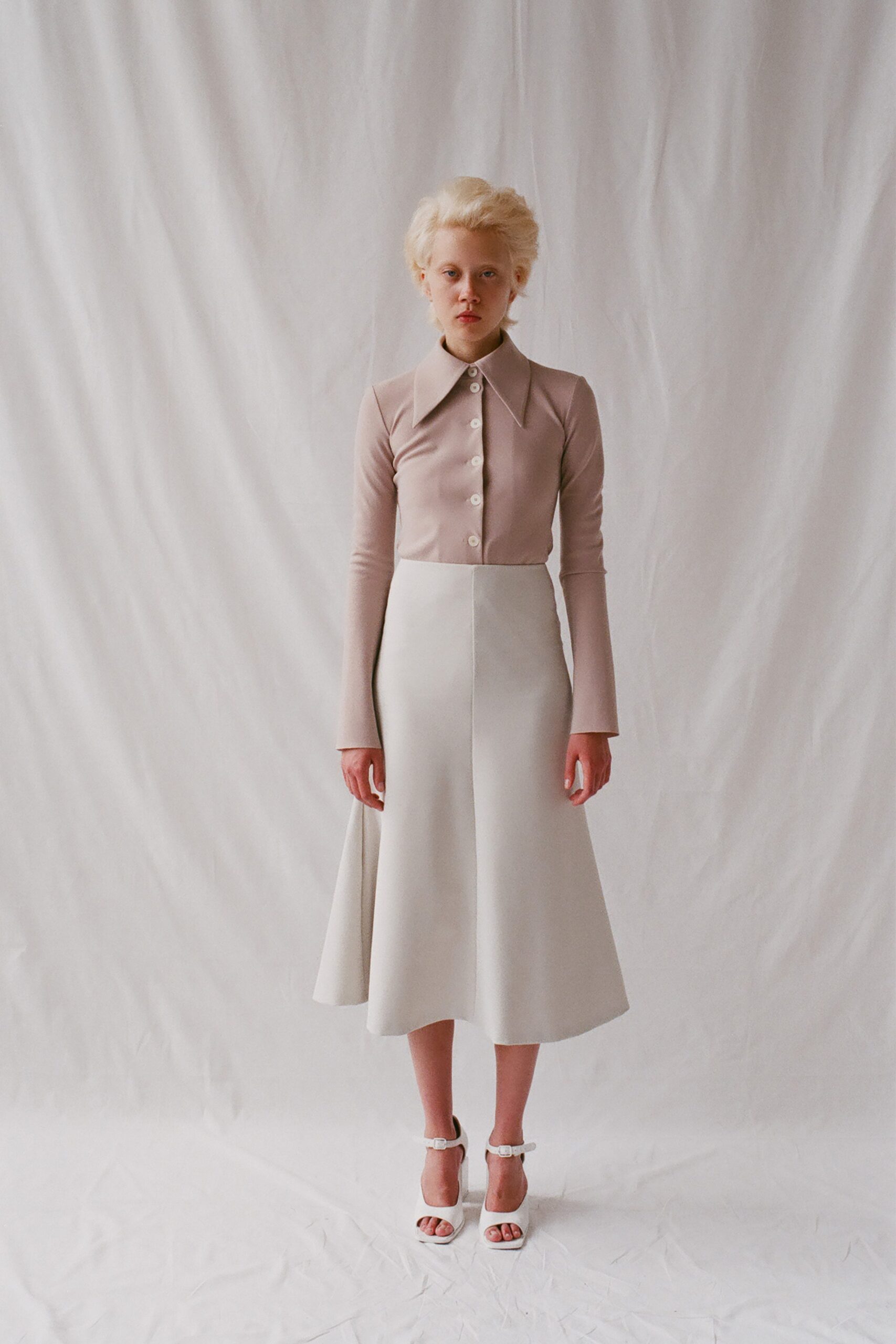 beige cotton long-sleeve collared fitted buttoned blouse