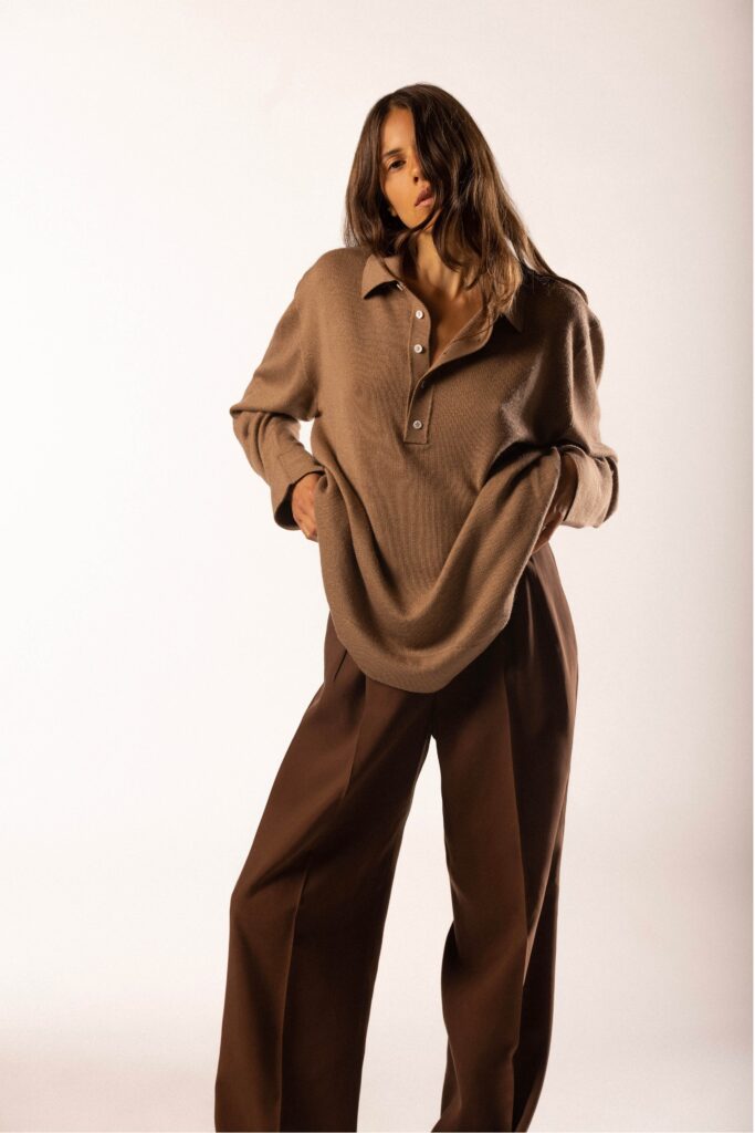 A relaxed brown long-sleeve collared top paired with matching pants.
