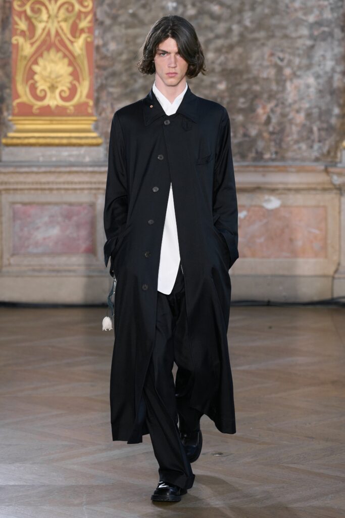 black silk coat with white shirt
