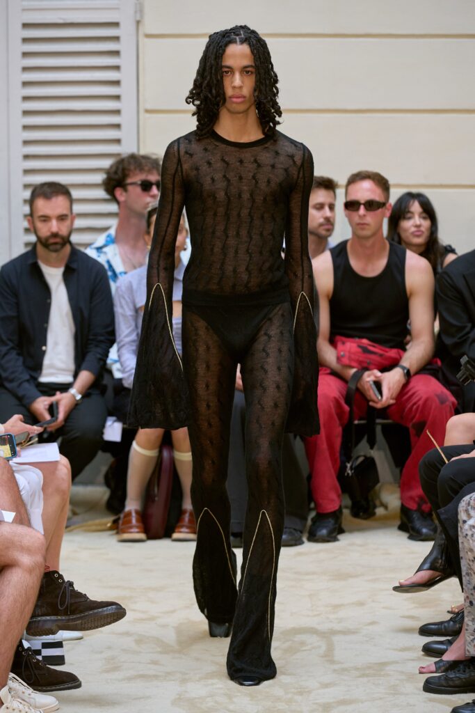 A fitted black sheer jumpsuit with long sleeves and a V-neckline, featuring flared legs.