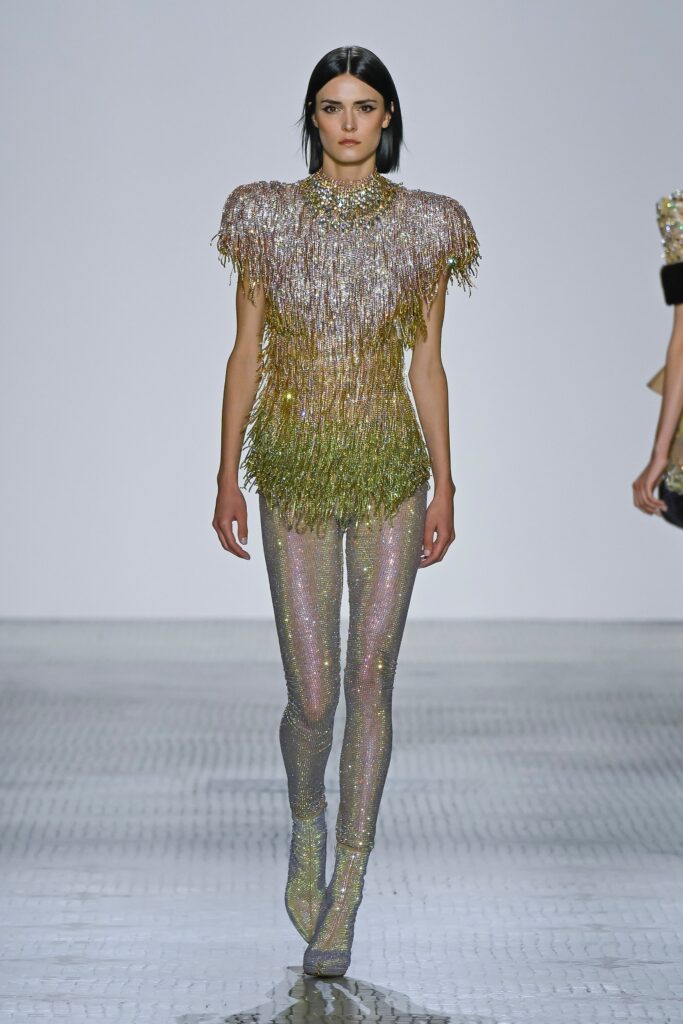 metallic fringed top with leggings