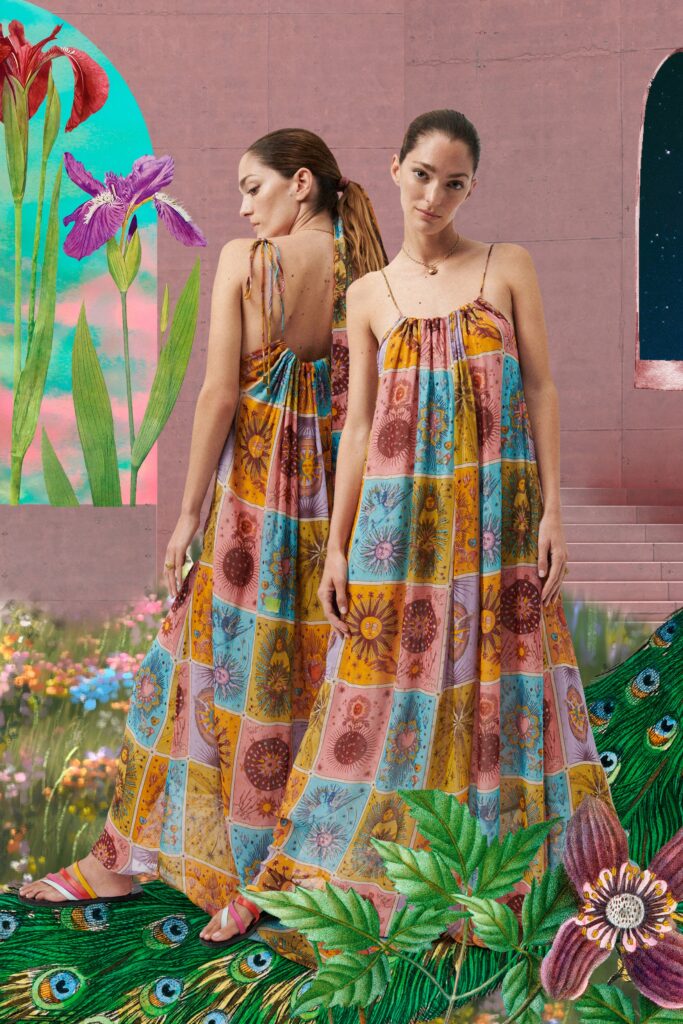 A relaxed multicolor printed dress with a sleeveless design and high neckline.