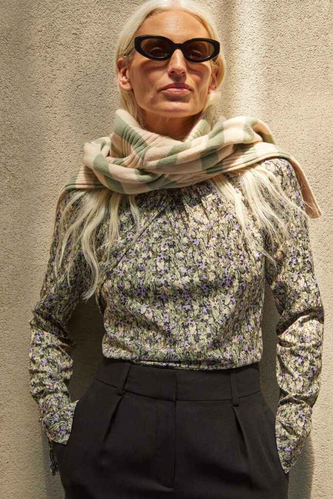 floral blouse with tailored pants