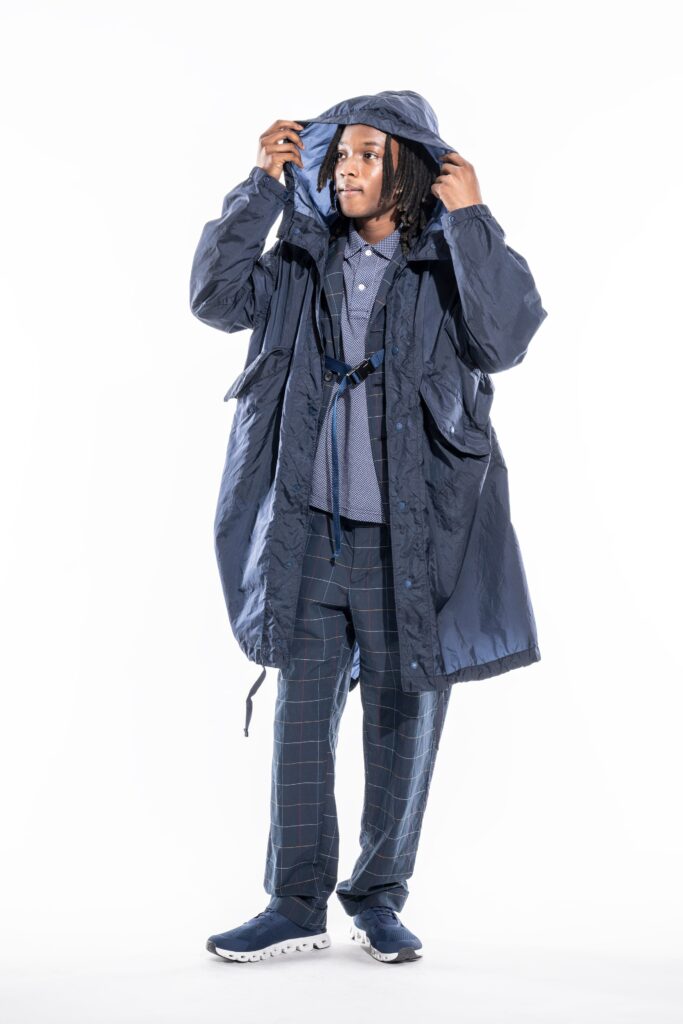 blue parka with fitted shirt