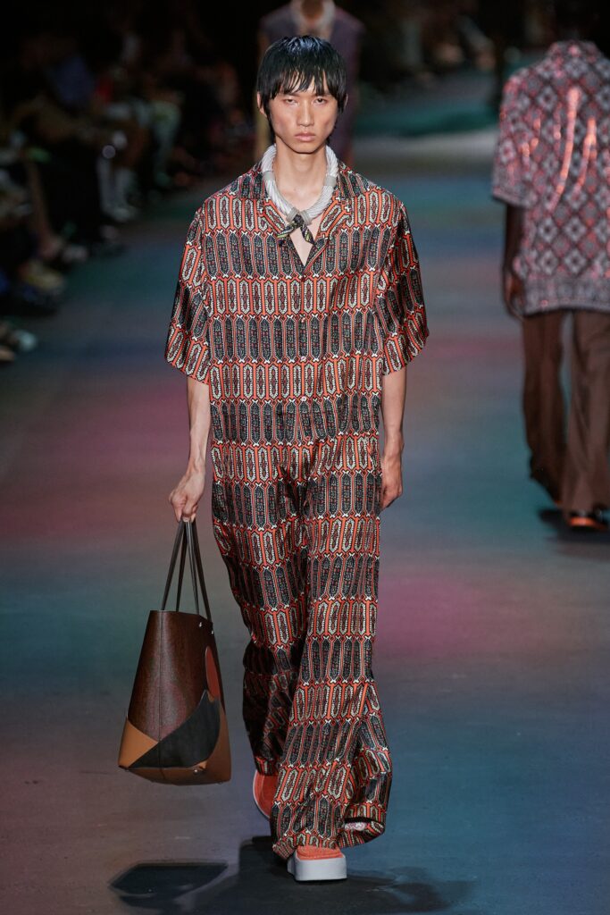 A relaxed-fit multicolor printed shirt with short sleeves and matching pants.