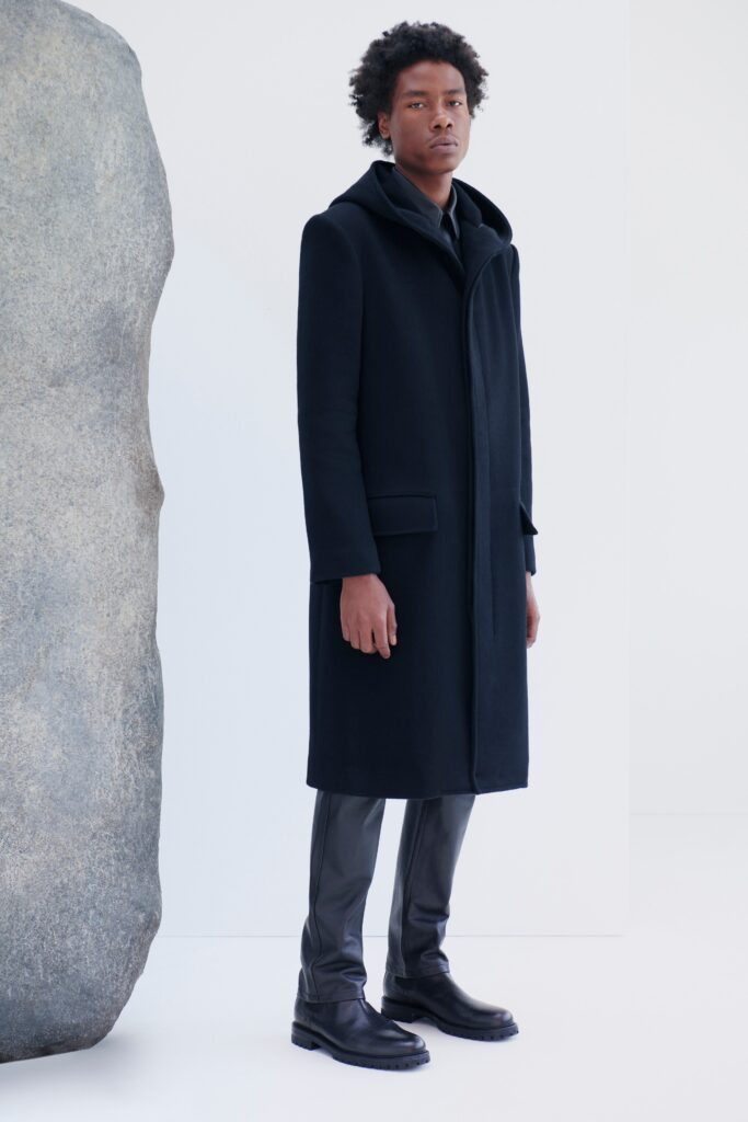 black wool coat with leather pants