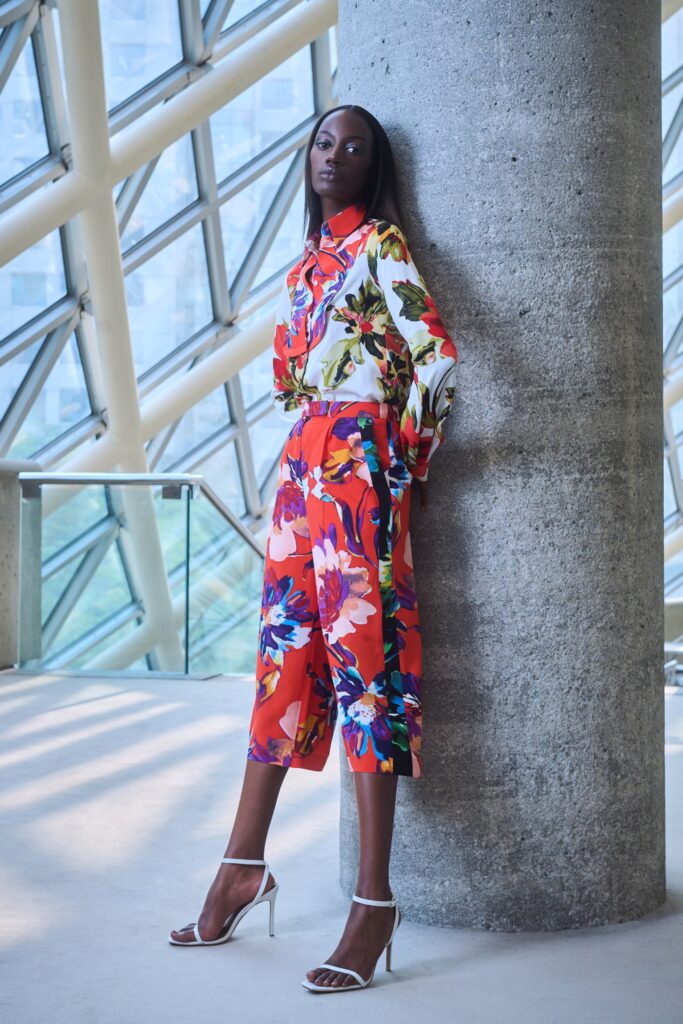A relaxed floral print shirt with long sleeves paired with matching printed pants.