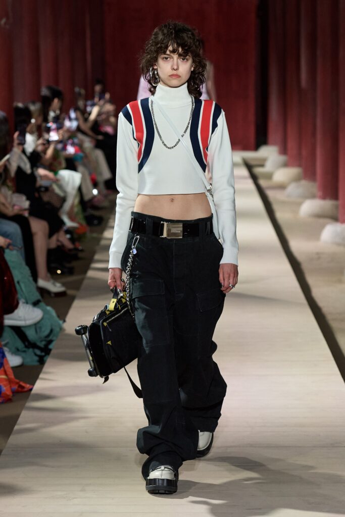 white color-blocked crop-top with cargo pants