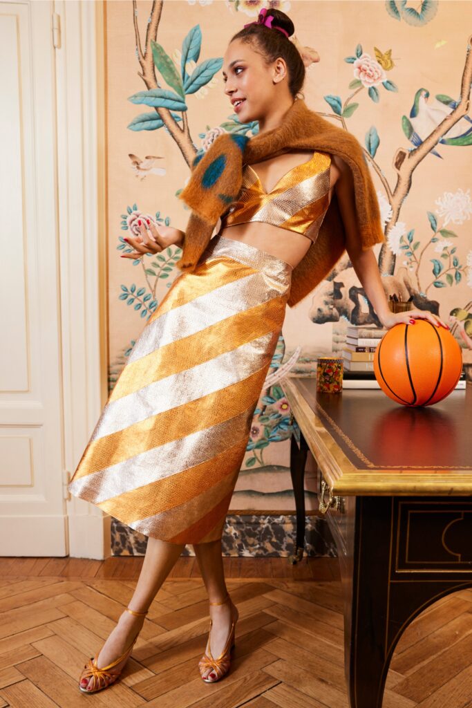 gold and orange striped top and skirt