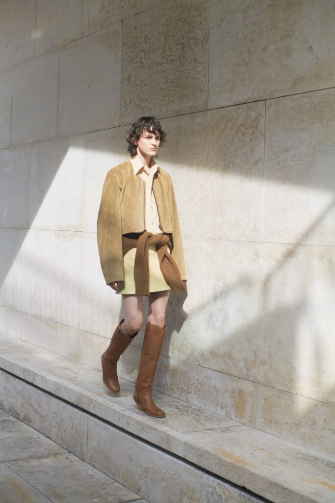 brown suede jacket beige shirt green mini skirt