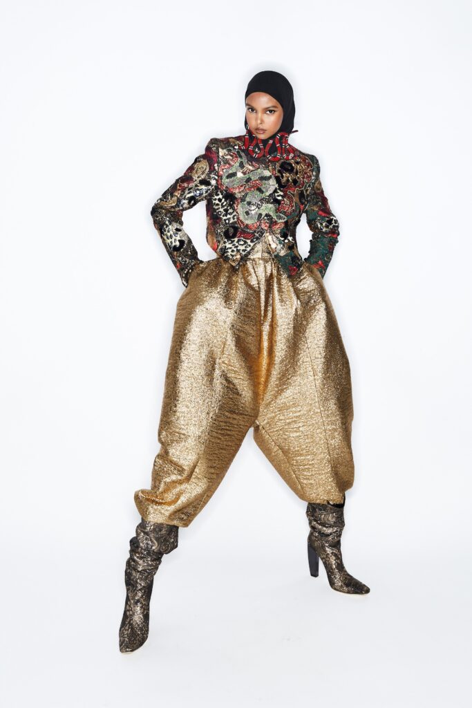 embroidered silk jacket with gold pants