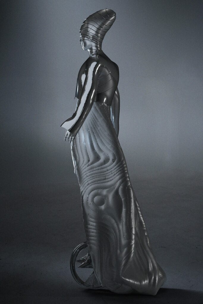 A fitted silver metallic dress with long sleeves and an asymmetric design.