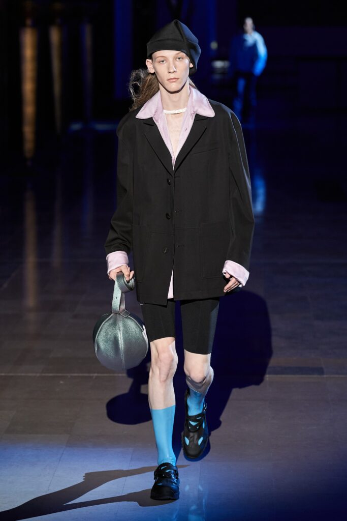 oversized black jacket with pink shirt