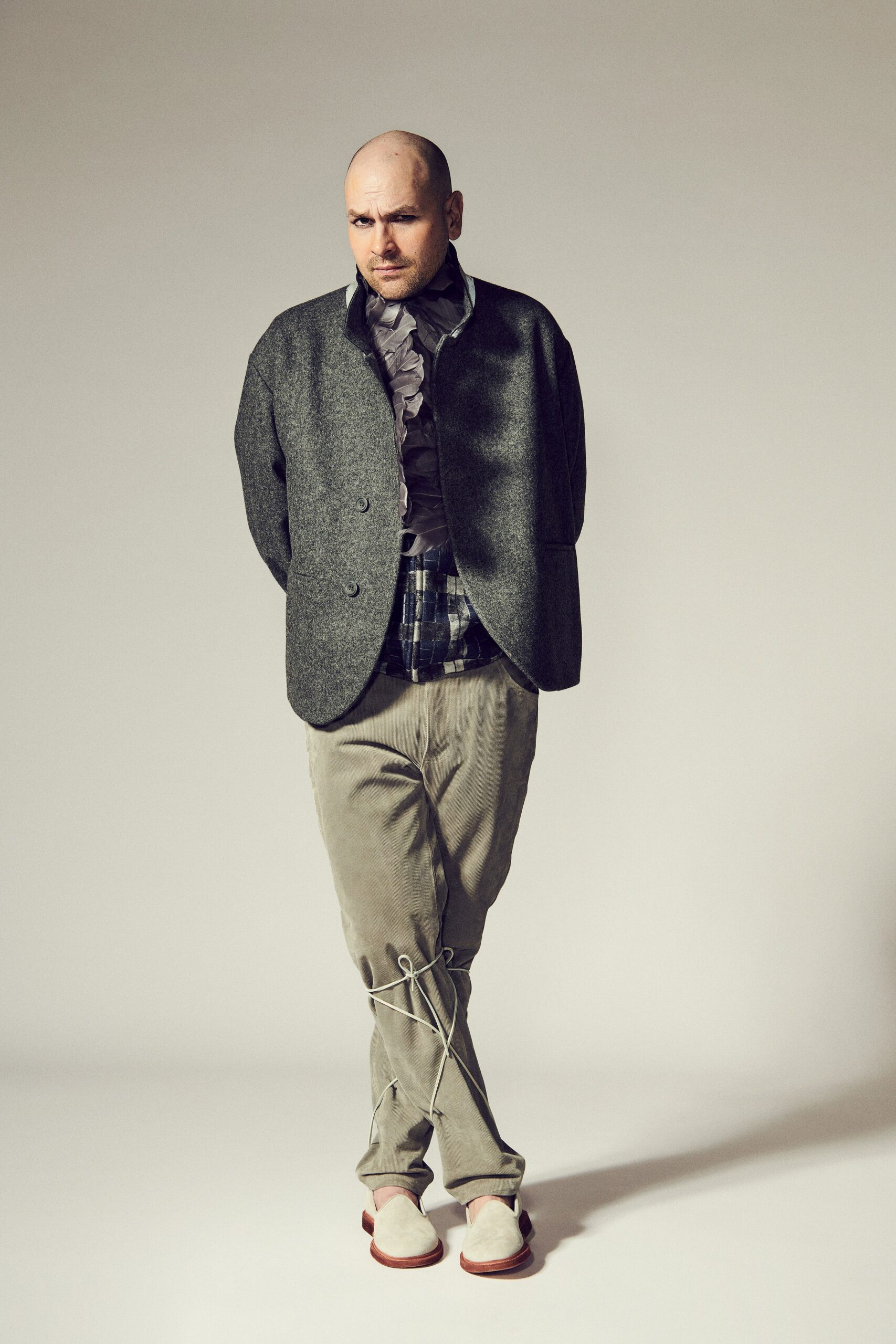 gray wool jacket with white shirt