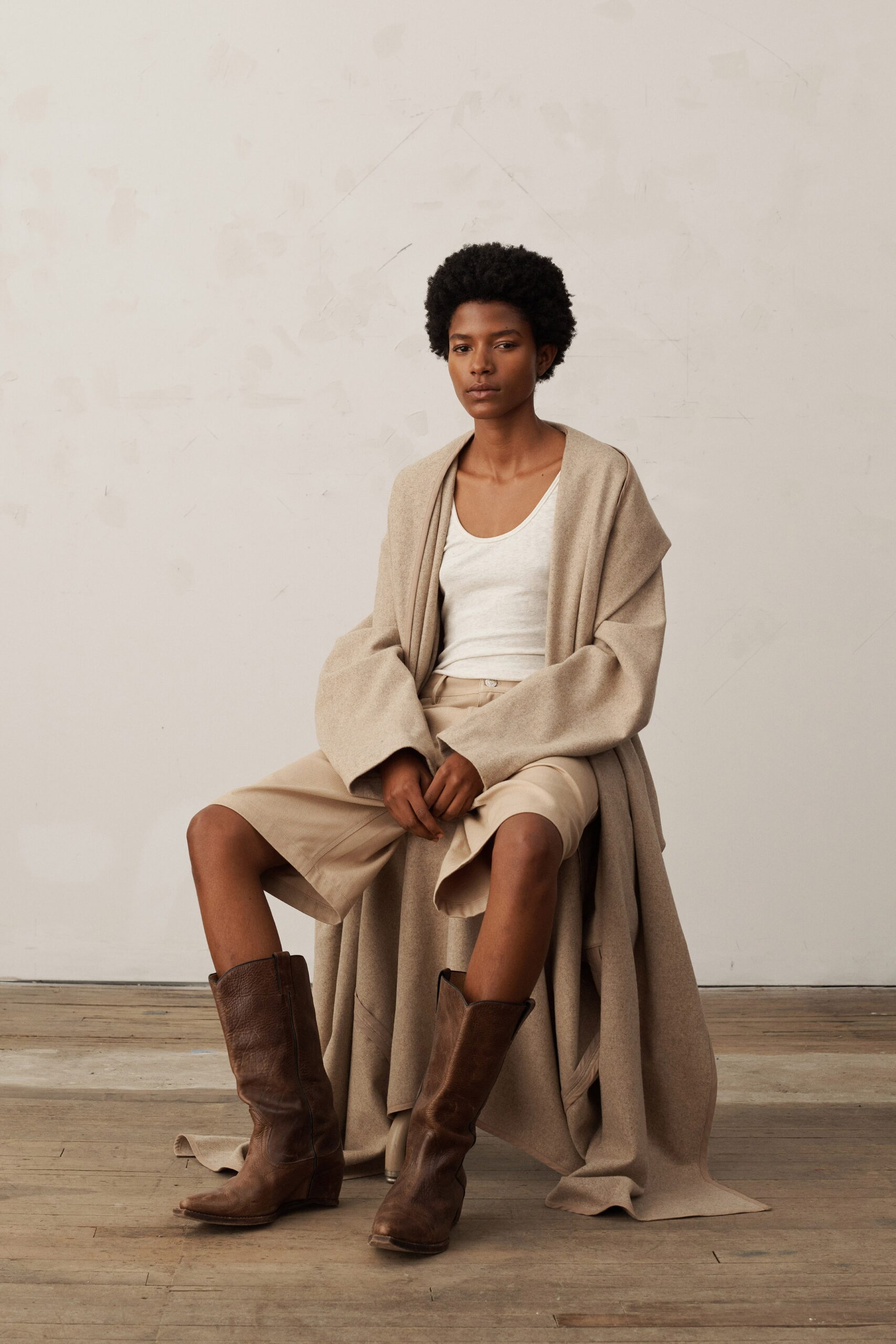 beige wool coat with shorts