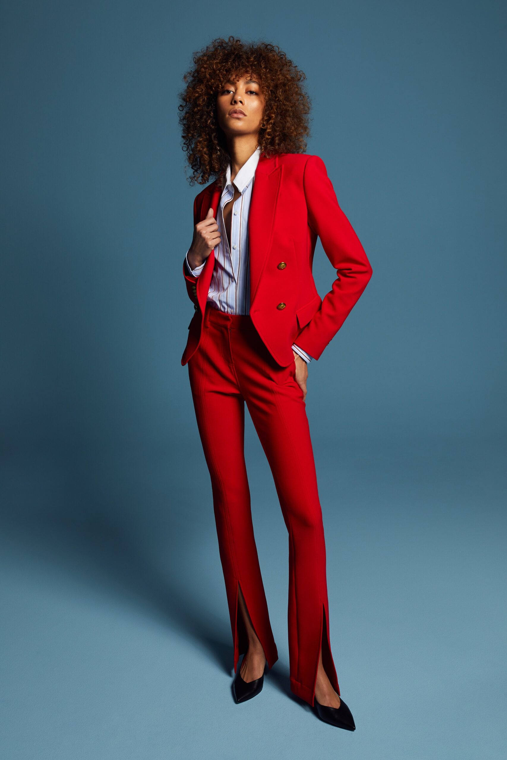 red long-sleeve collared tailored suit