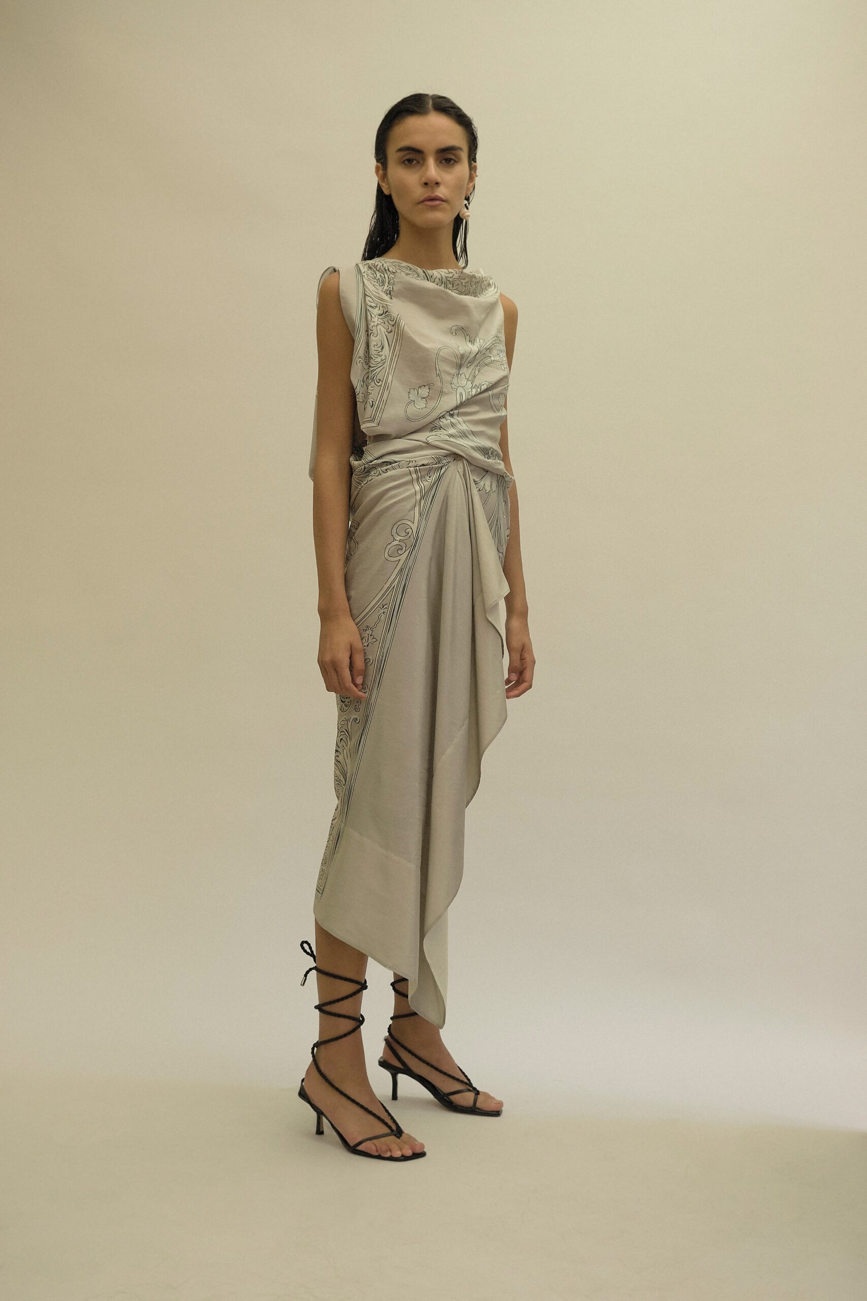 beige silk draped midi dress