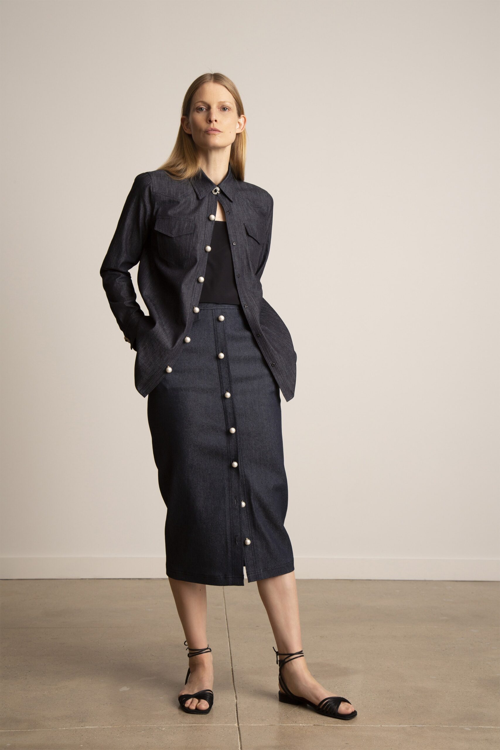 blue denim fitted pencil buttoned midi skirt
