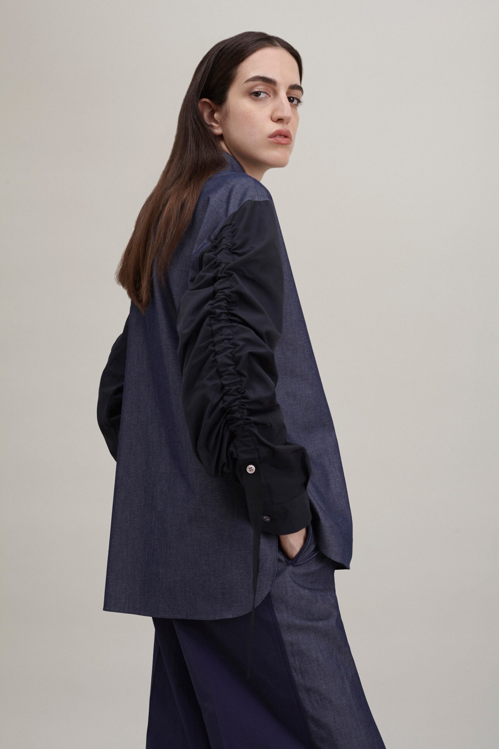 blue relaxed shirt with ruched detail