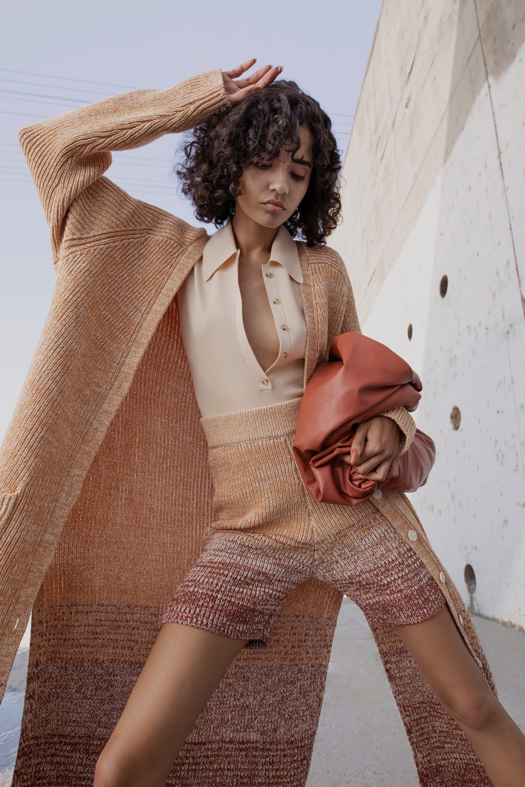 orange knit fitted pencil skirt