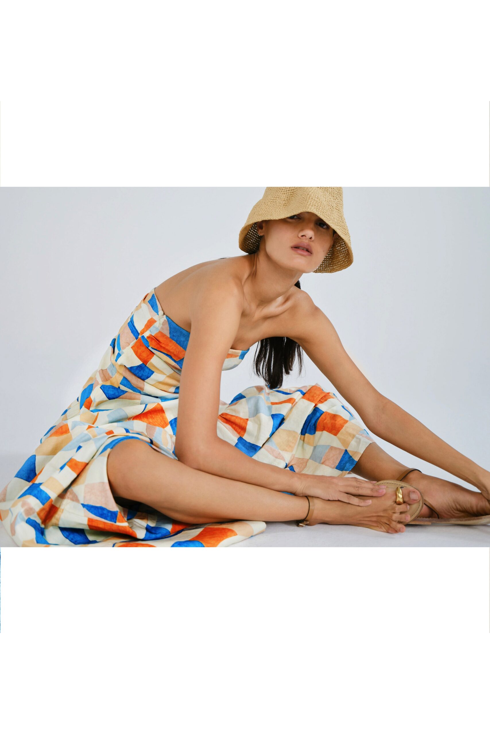 blue cotton sleeveless strapless relaxed color-blocked tiered dress