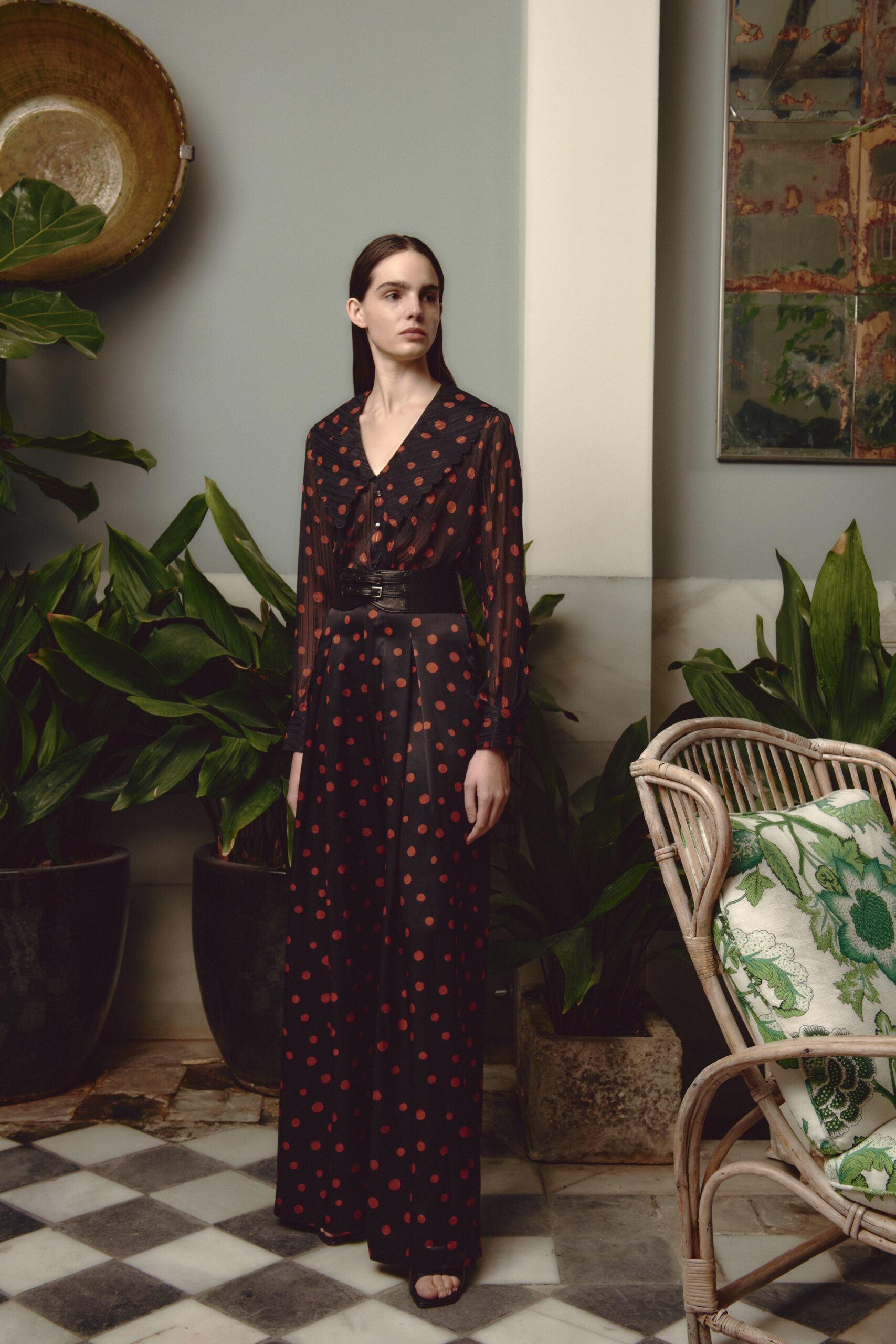 black silk polka-dot jumpsuit